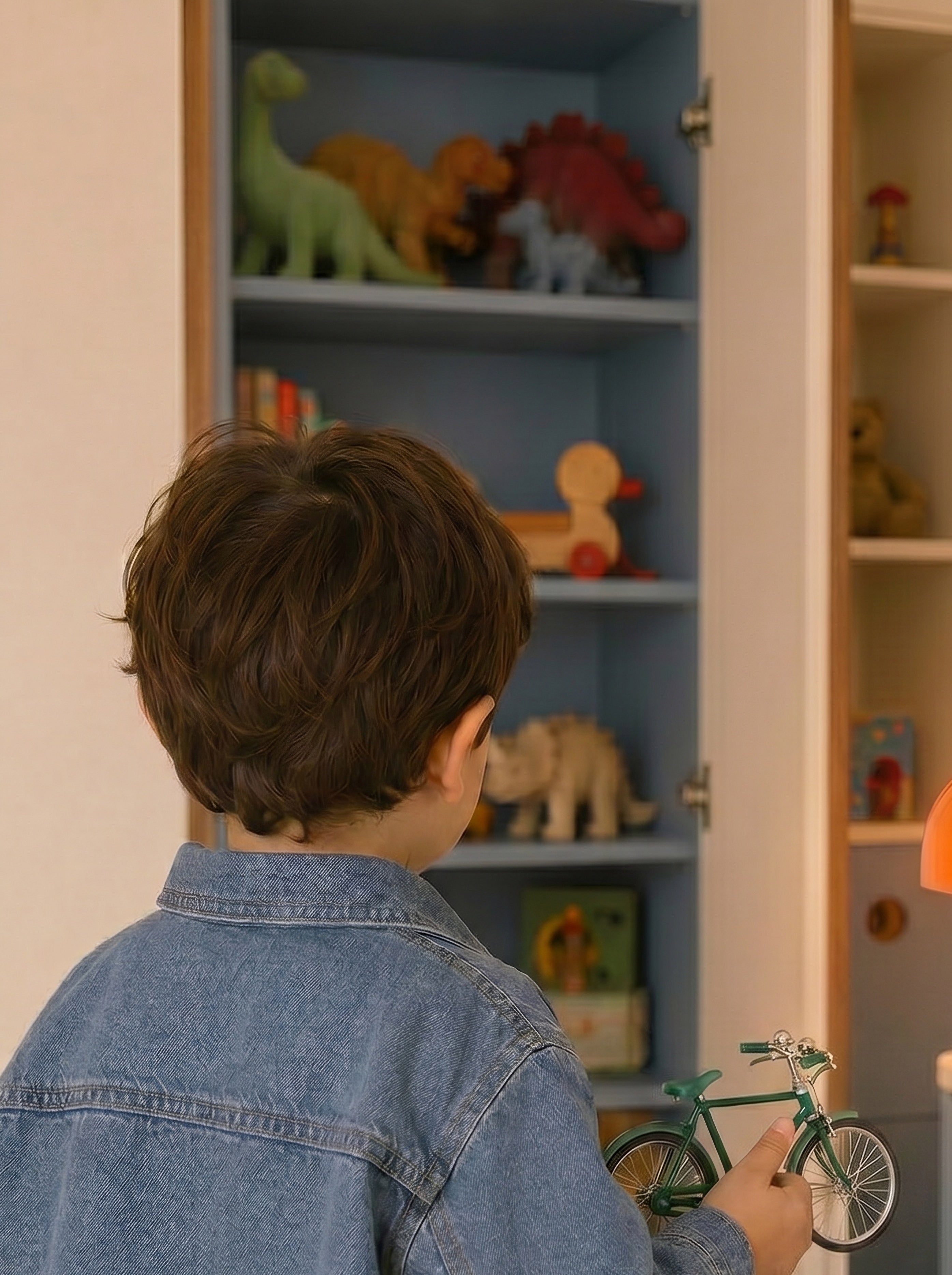 Child holding a toy bike in front of a shelf with toys and a lamp.