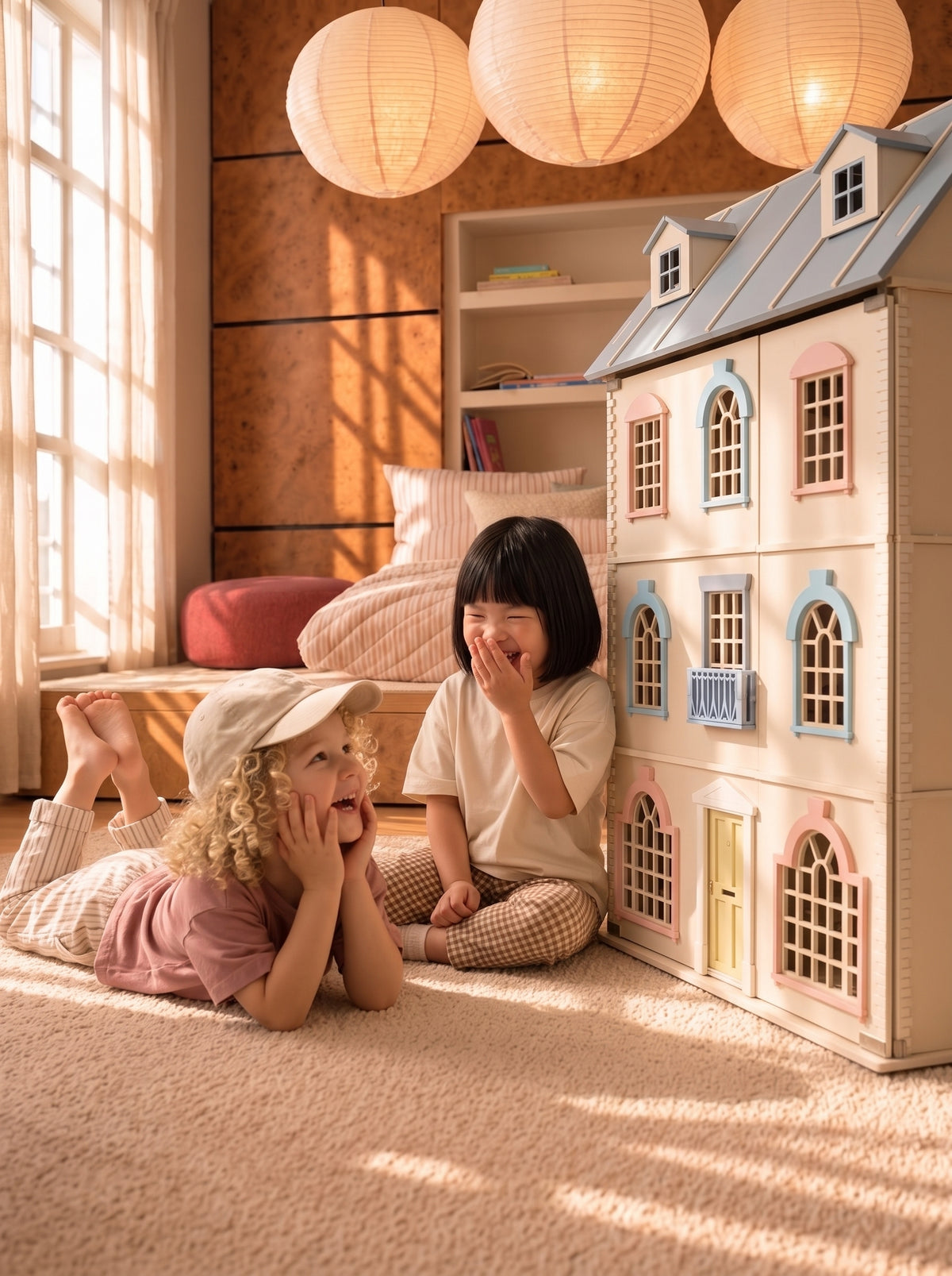 Two laughing children on a soft rug beside the House of London dollhouse in a sunlit children's room.