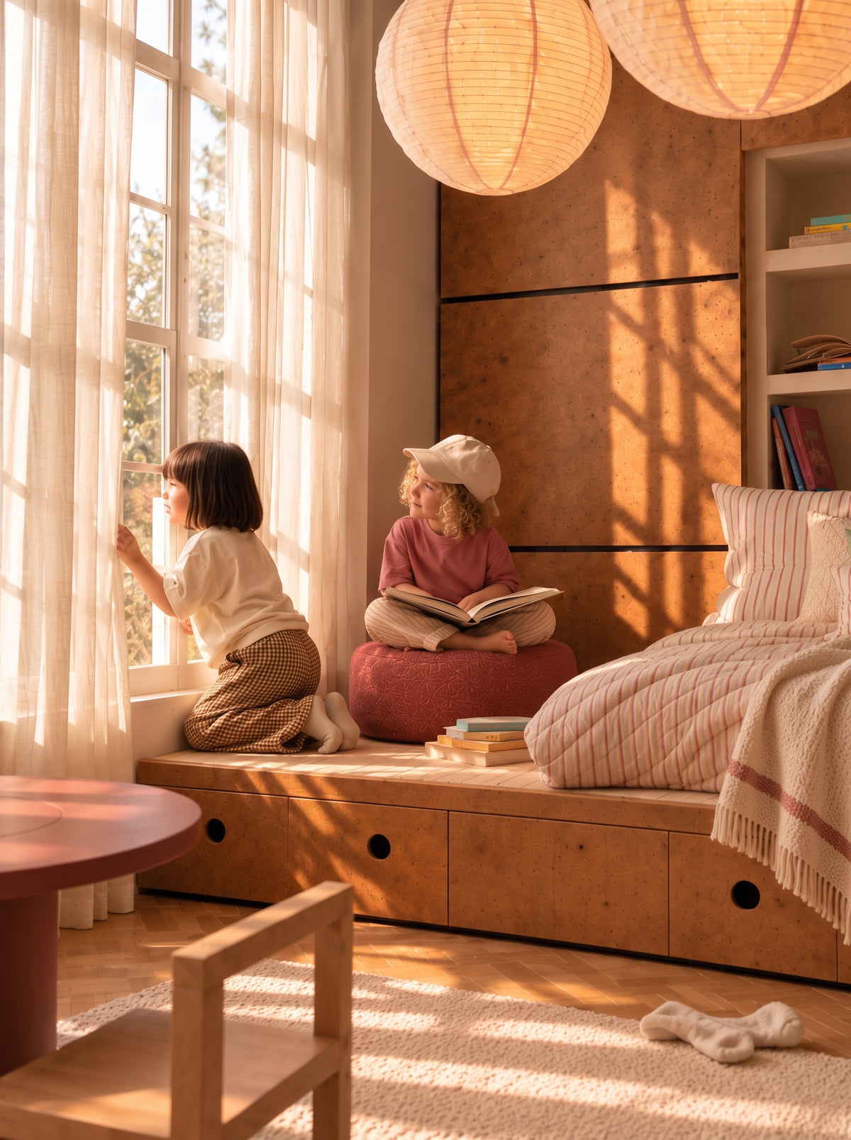 Two children by a sunlit window, one reading on a pouf, in a warm wood-panelled children's bedroom.