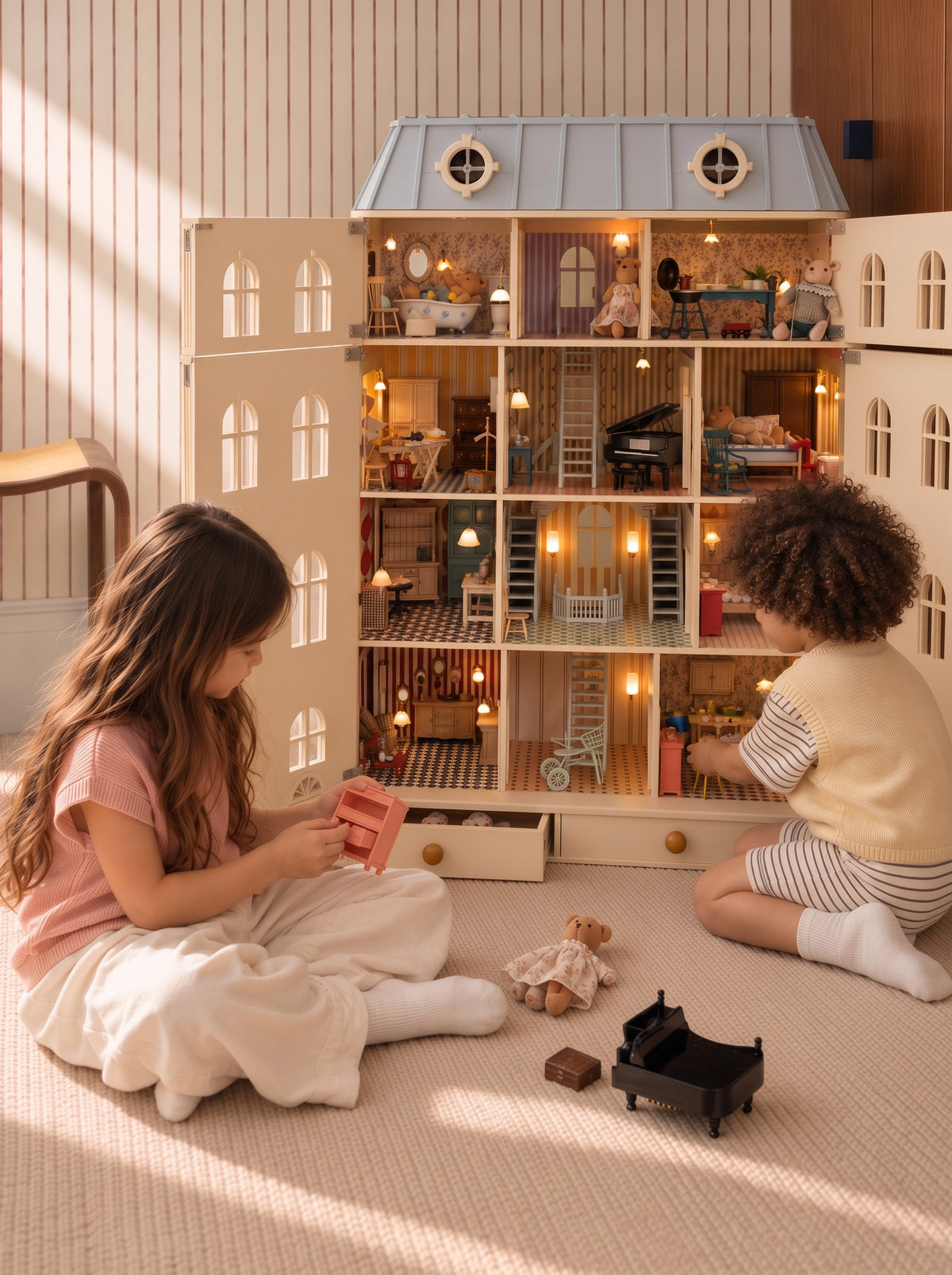 Two children playing with the open House of Monaco dollhouse, its furnished, warmly lit floors and miniature piano.