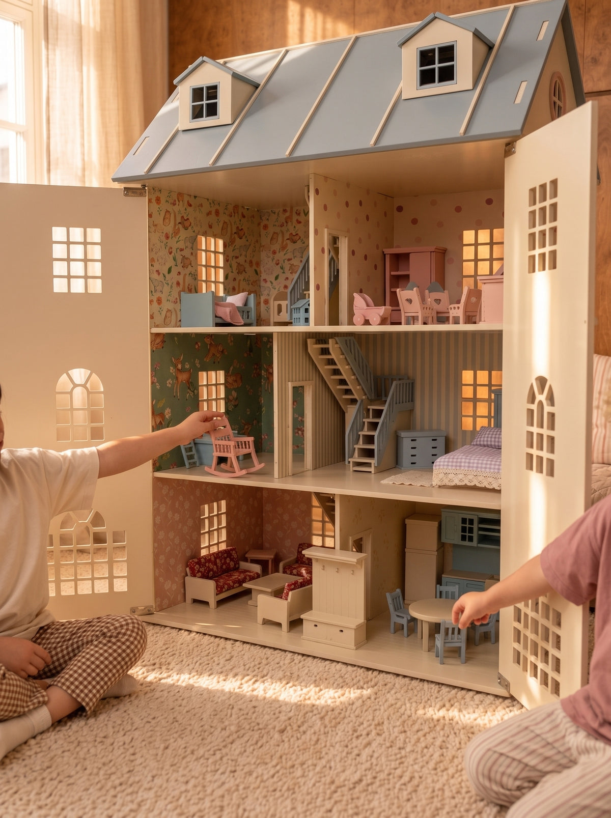 Children opening the House of London dollhouse to reveal three floors of furnished rooms with a blue staircase.