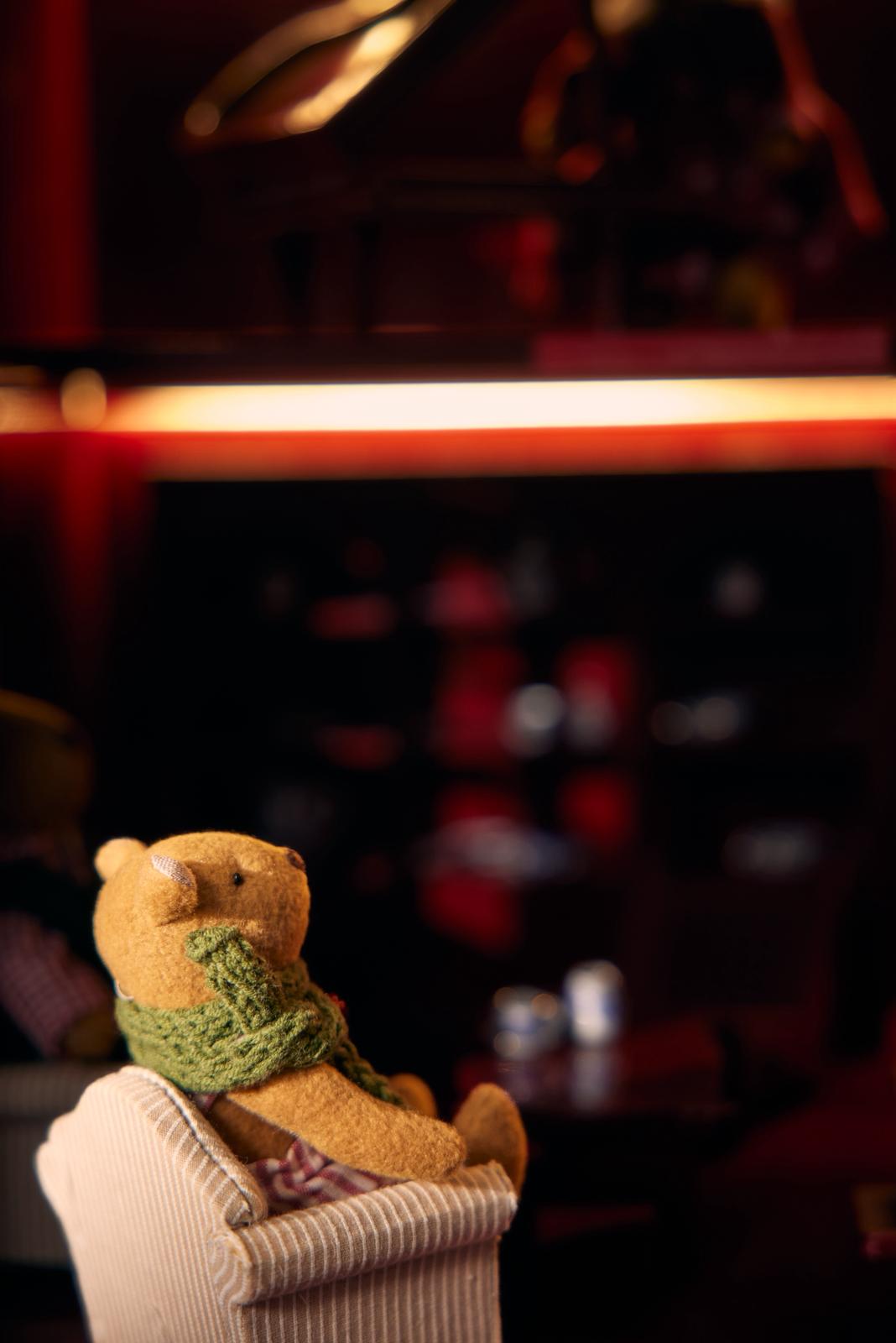 Handcrafted wooden dollhouse dining scene with teddy bears and Christmas dinner table, House of Bordeaux by Little Forest Animals — luxury collectible miniature with LED lighting and furniture.