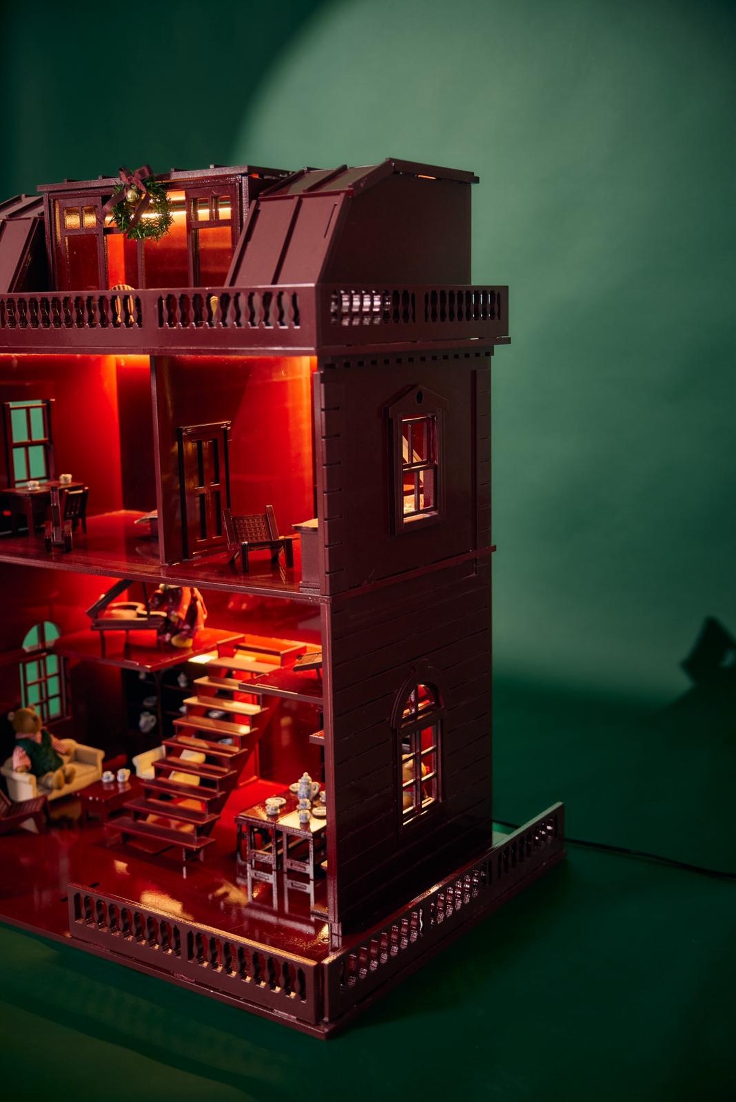 Handmade wooden dollhouse in deep Bordeaux red, luxury miniature collectible by Little Forest Animals