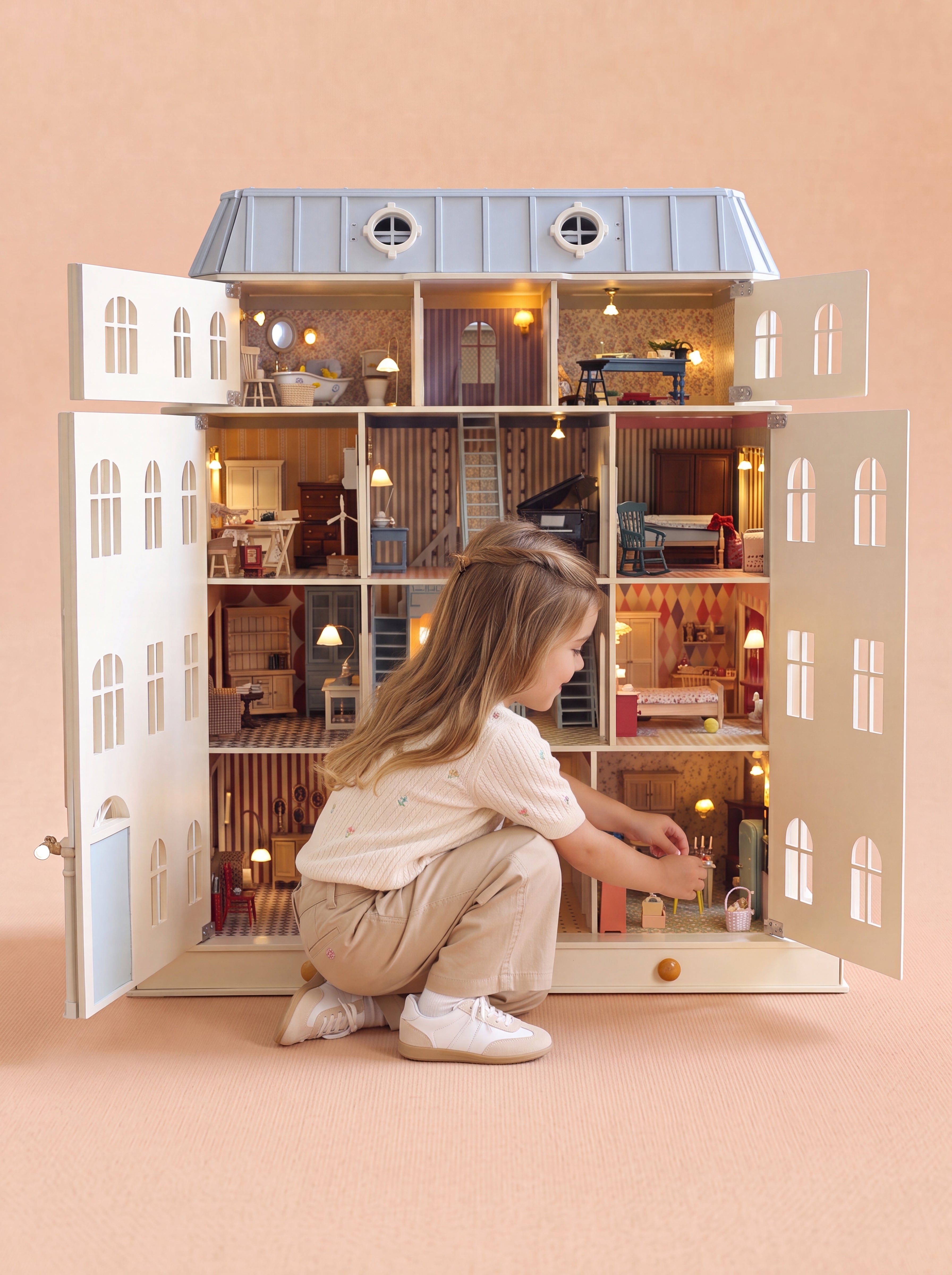 Child arranging miniature furniture inside the opened, illuminated House of Monaco wooden dollhouse.