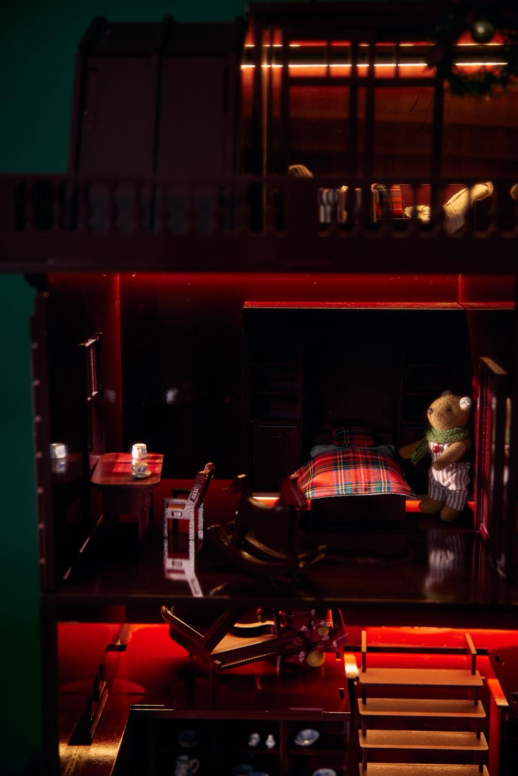 imited-edition Christmas 2026 wooden dollhouse in Bordeaux red, handcrafted collectible by Little Forest Animals, including LED lighting, full furniture set, ideal for luxury holiday décor and high-end gifting