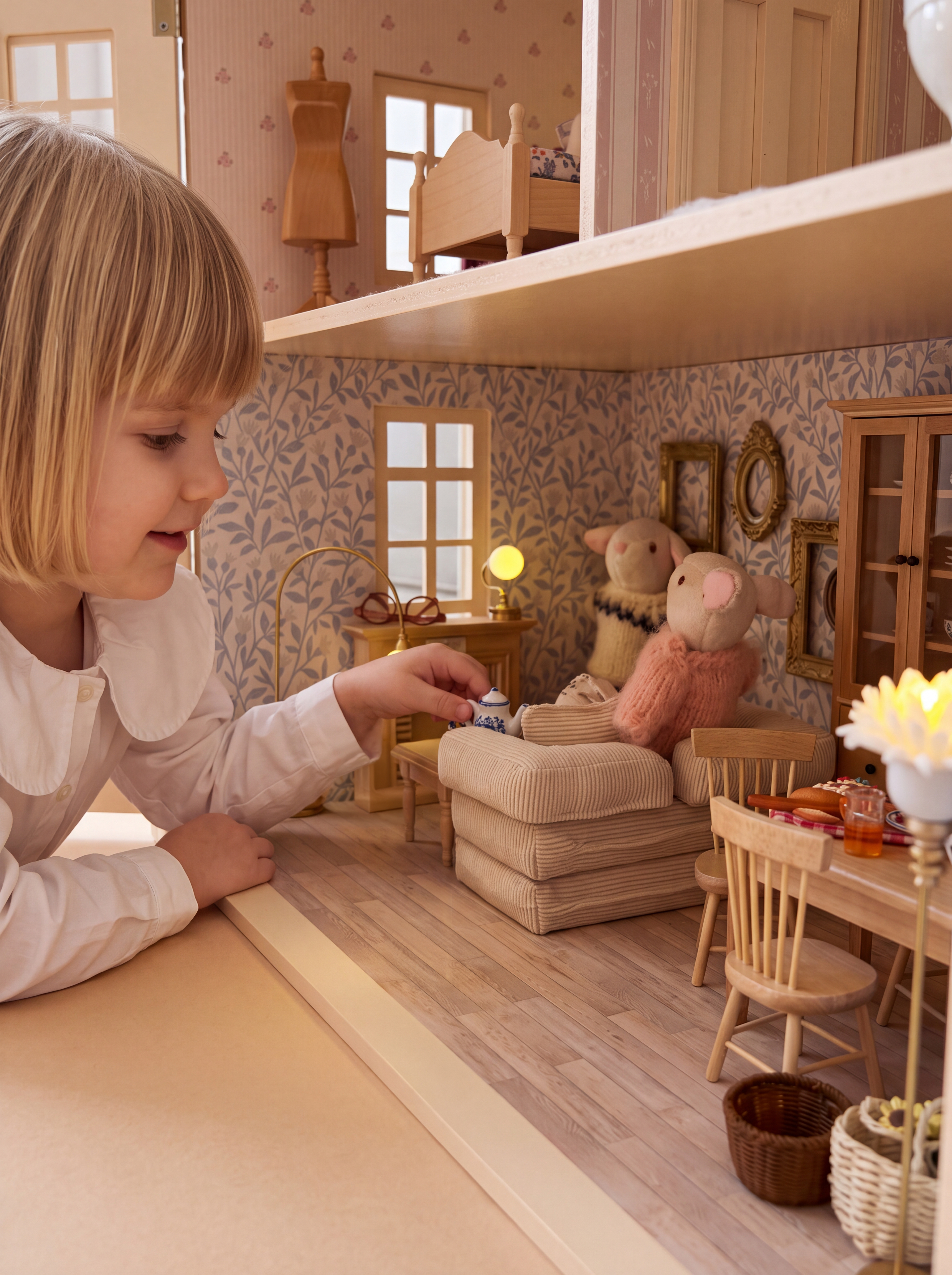 A closer look at the House of Hamptons handcrafted wooden dollhouse, featuring a cozy miniature living room with detailed furniture, warm lighting, and interactive play.