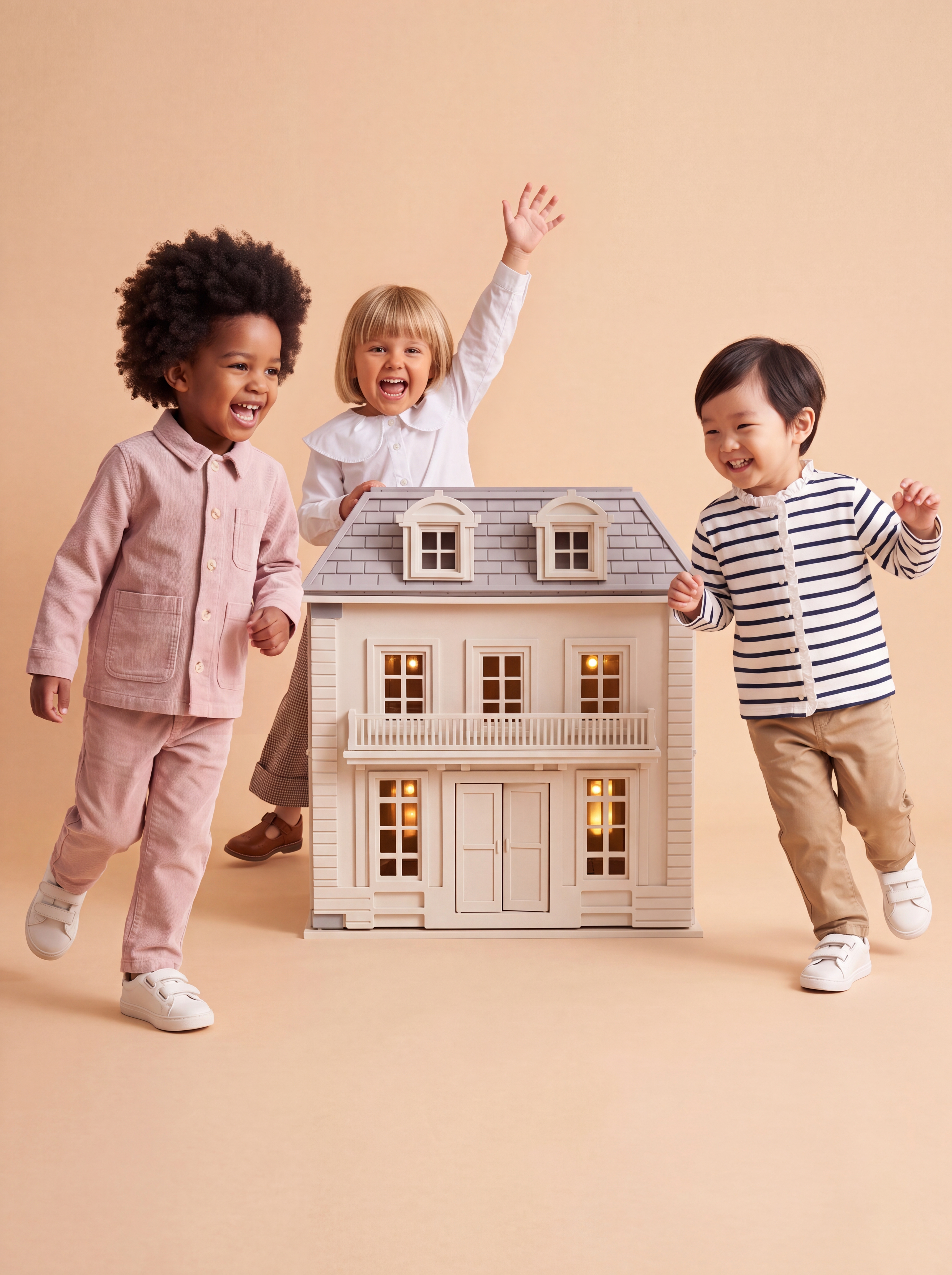 Three children are playing with the House of Hamptons handcrafted wooden dollhouse in a warm beige studio setting, smiling and enjoying imaginative play together.