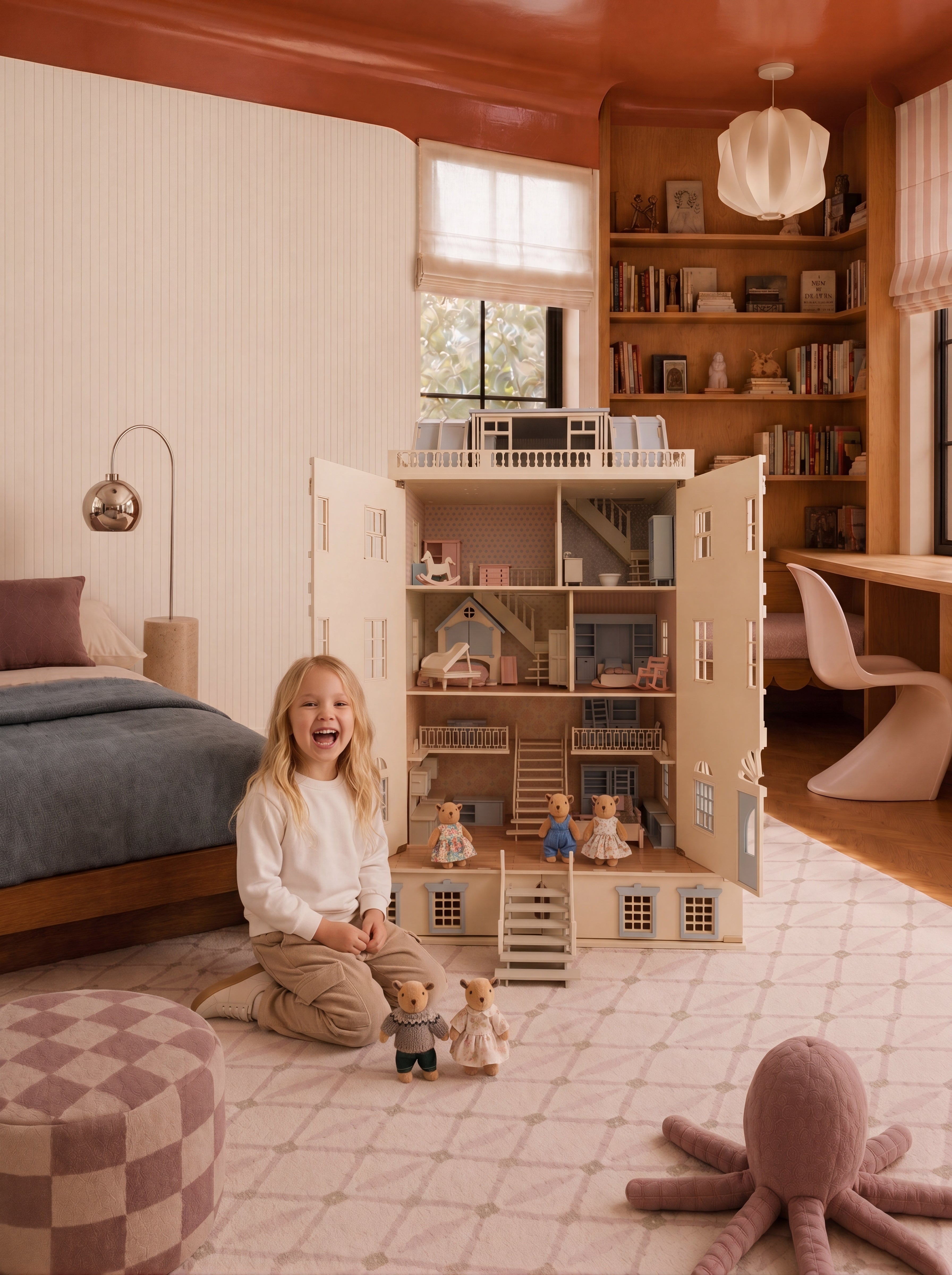 House of New York wooden dollhouse with open front panels, Little Forest Animals doll figures, and a cozy playroom setting.
