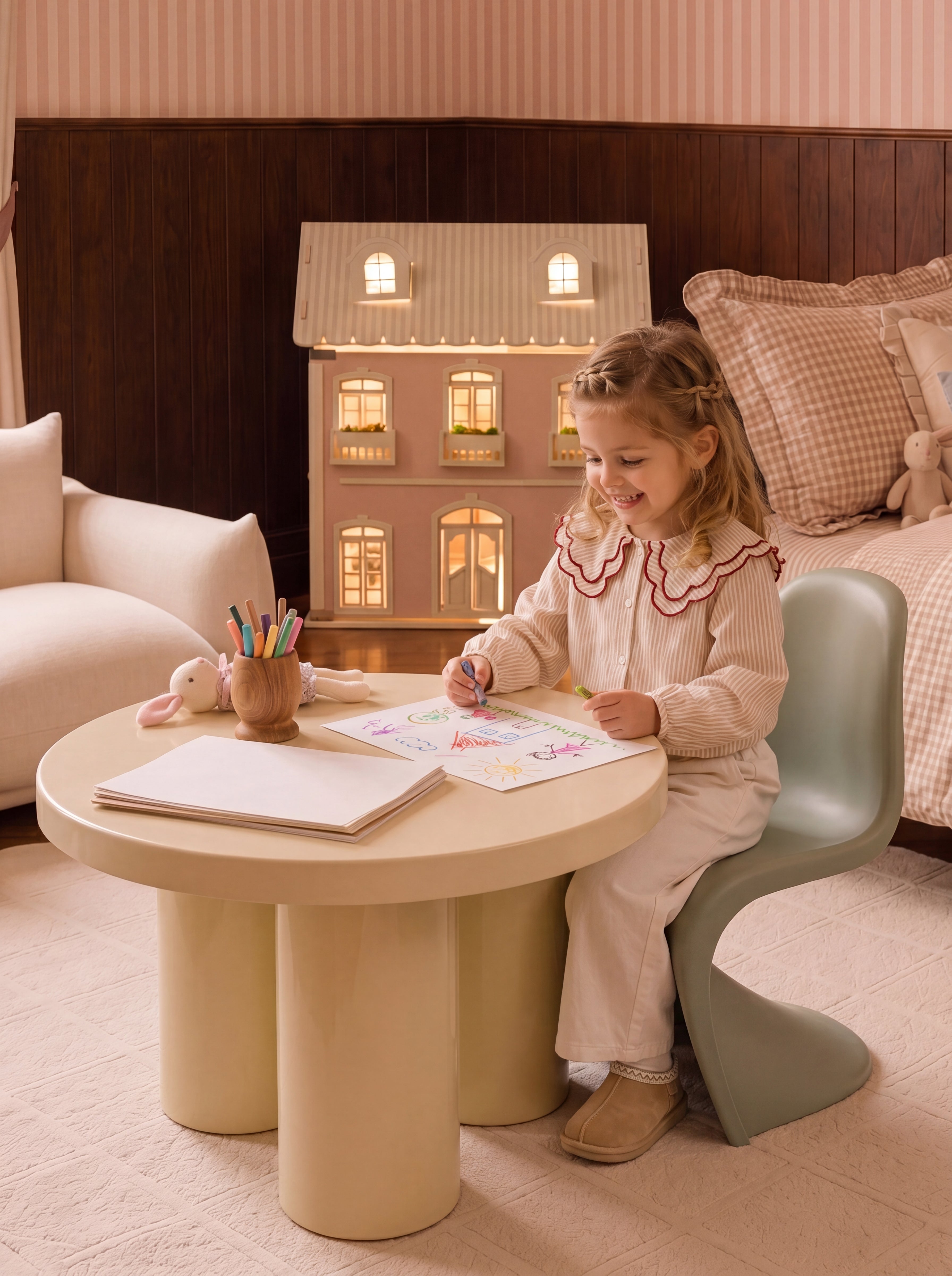 House of Nice dollhouse in a family home while a child draws at a nearby table.