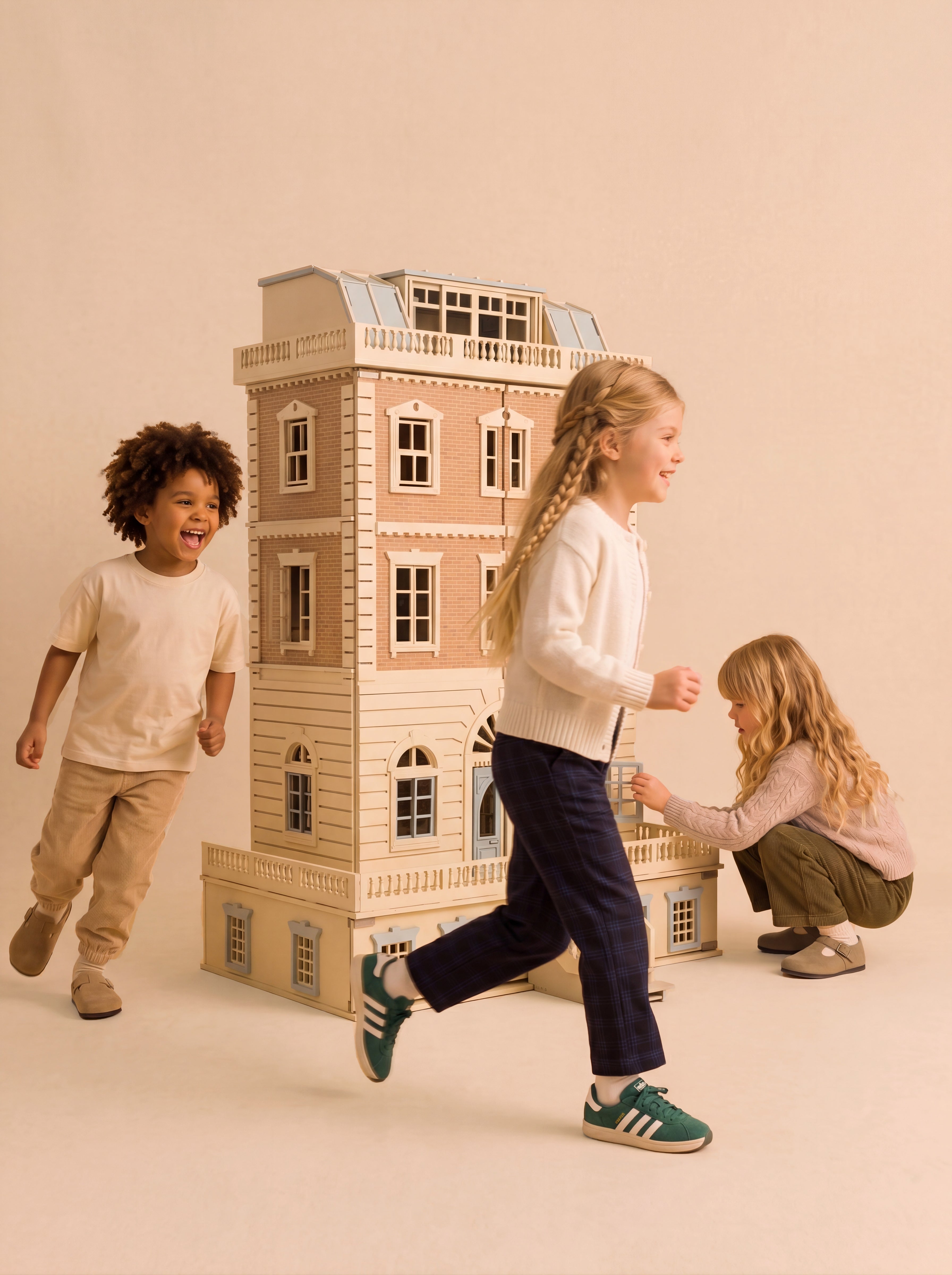 The House of New York wooden dollhouse for kids photographed in studio, highlighting its detailed six-storey handcrafted design.