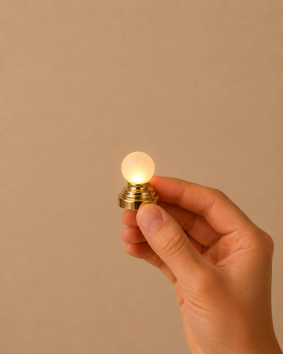 Round glass globe lamp glowing with warm light.