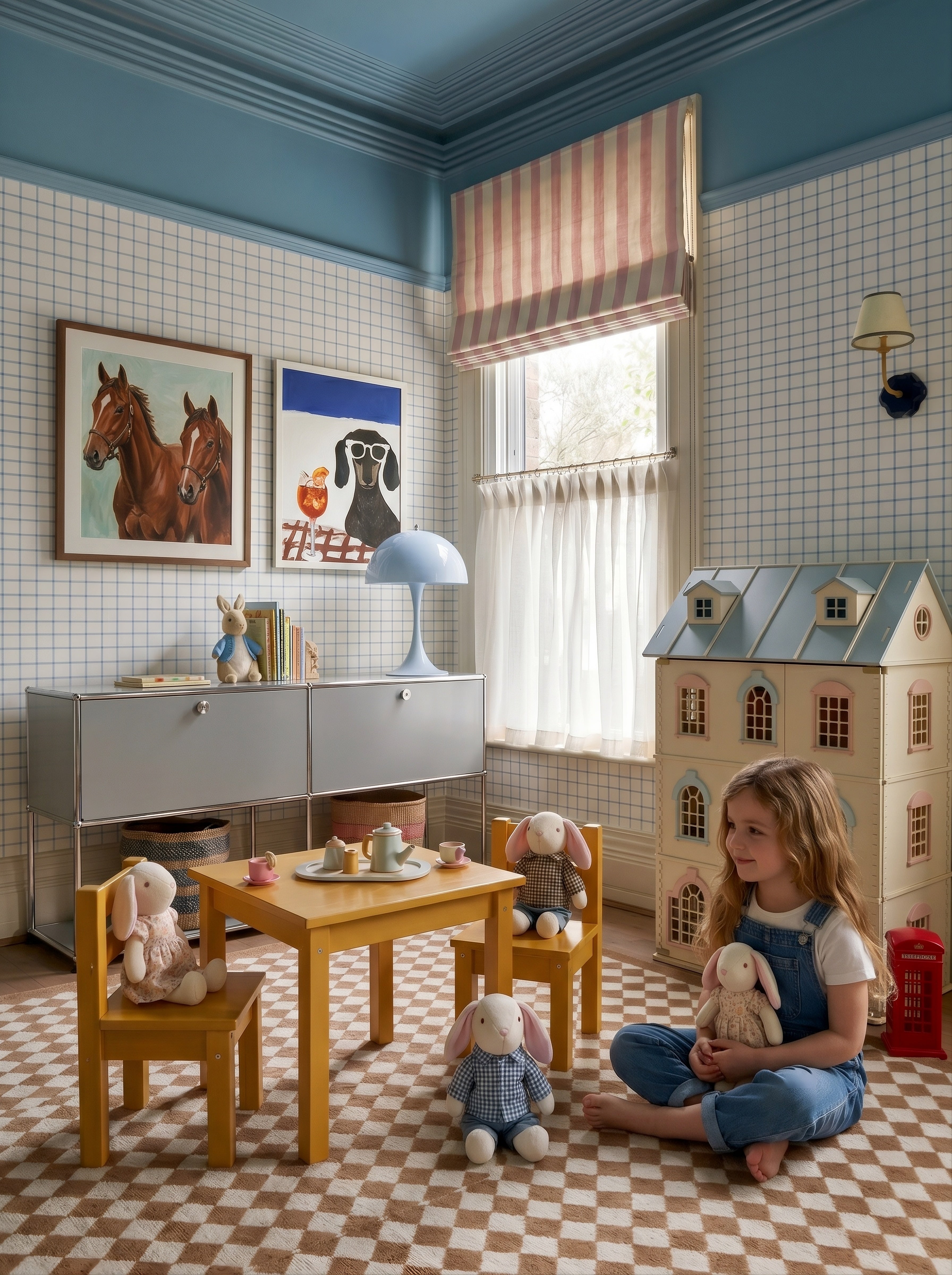 The Bellevue Family plush dolls gathered around a small table for tea time.