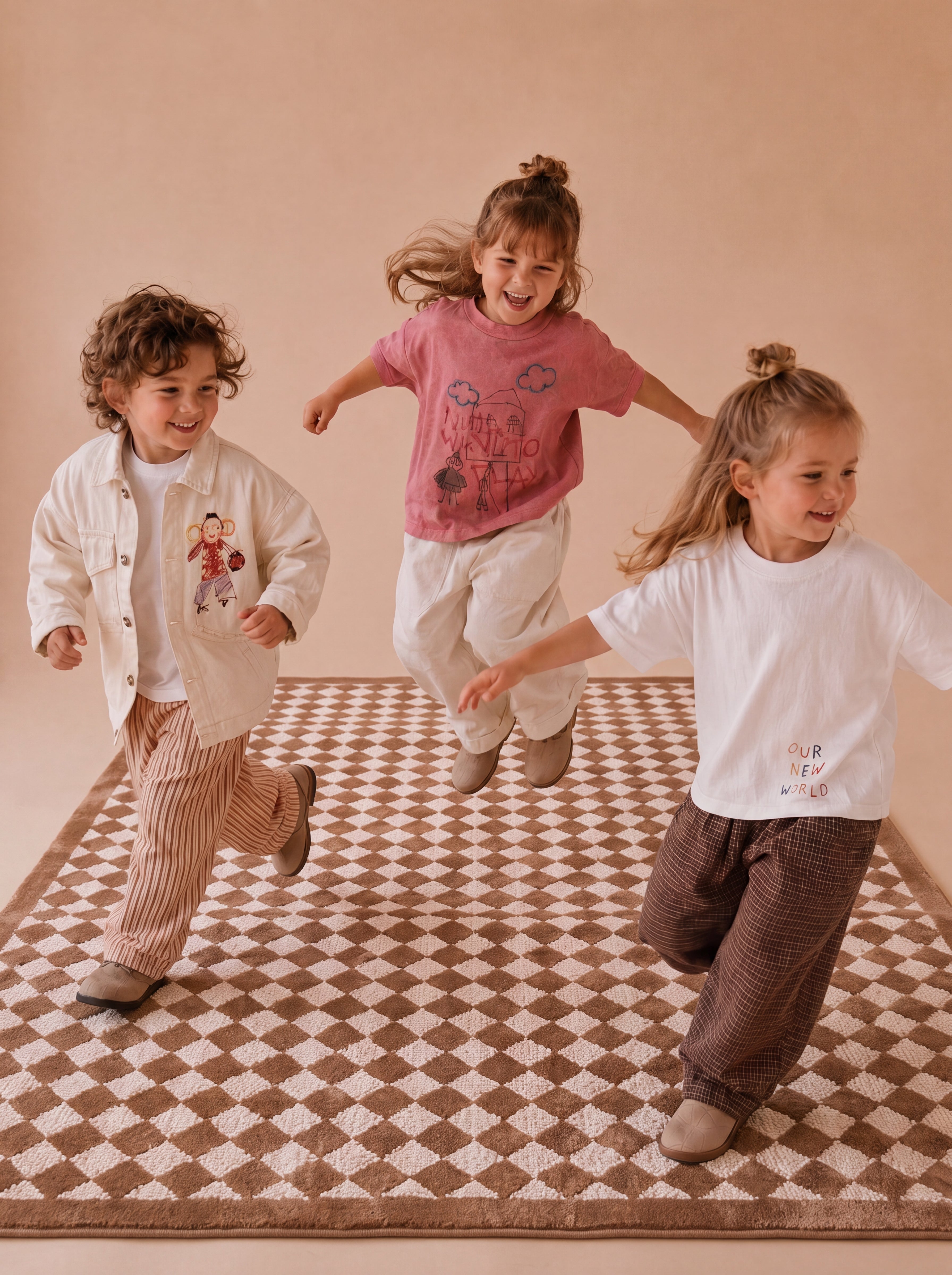 The Diamond rug with a classic diamond pattern in a playful family setting.