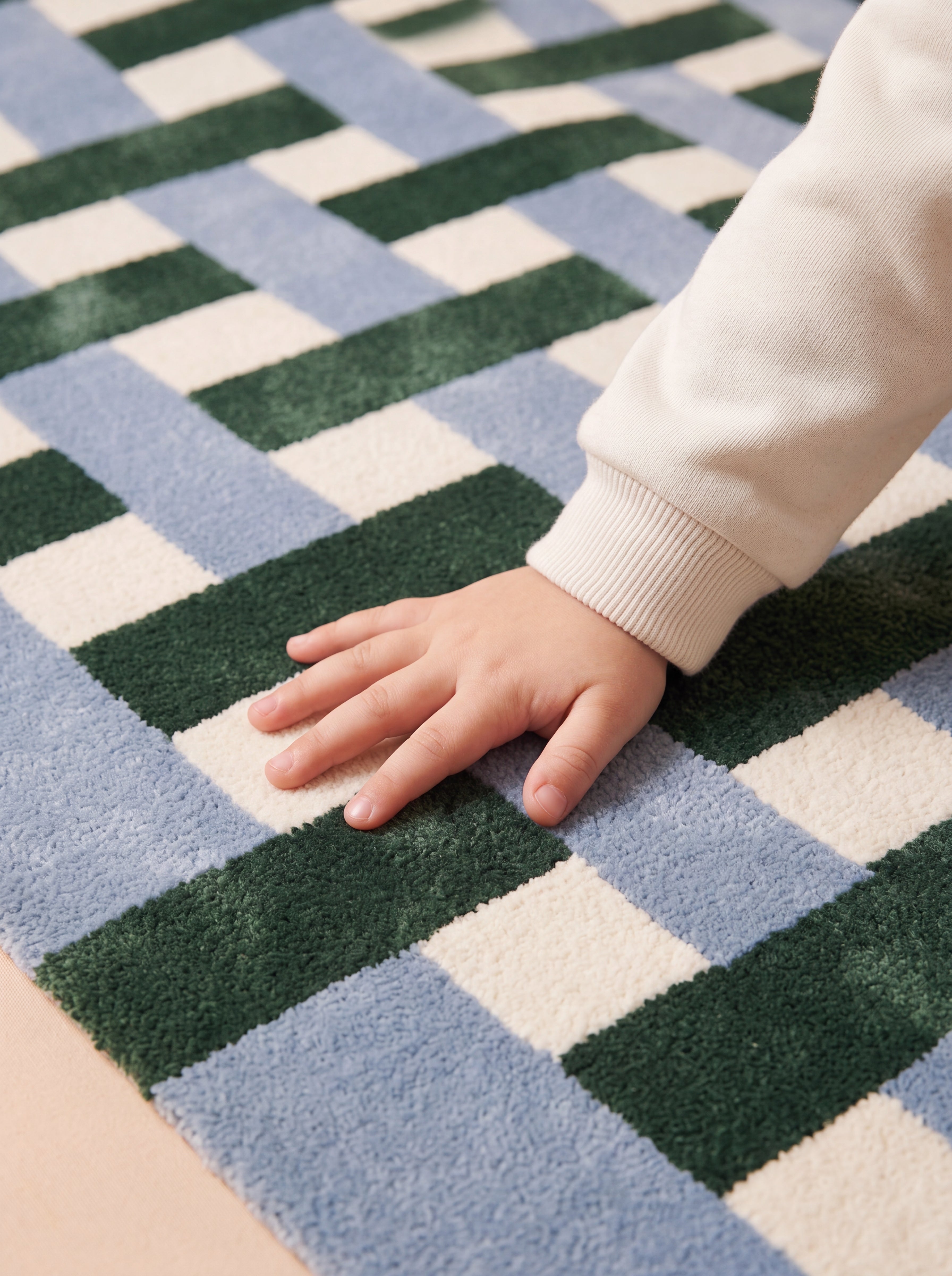 Close-up of a hand resting on a hand-tufted rug with a blue, green, and cream geometric pattern.