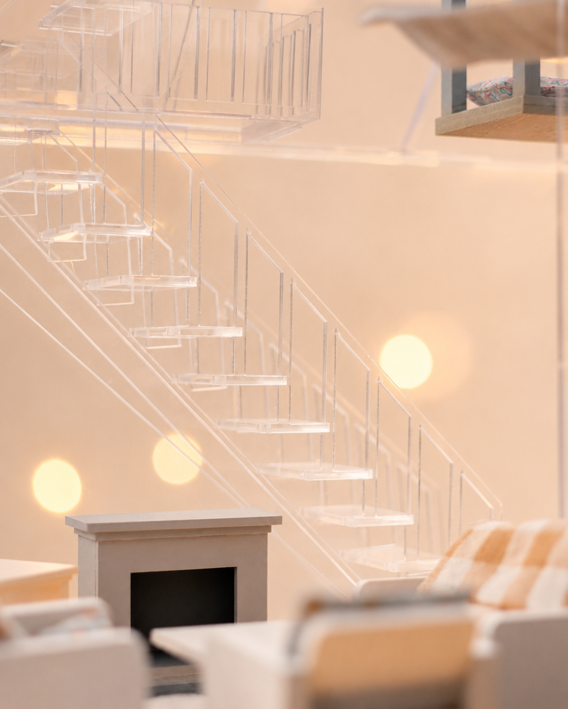 Close-up of the transparent staircase inside the illuminated dollhouse.