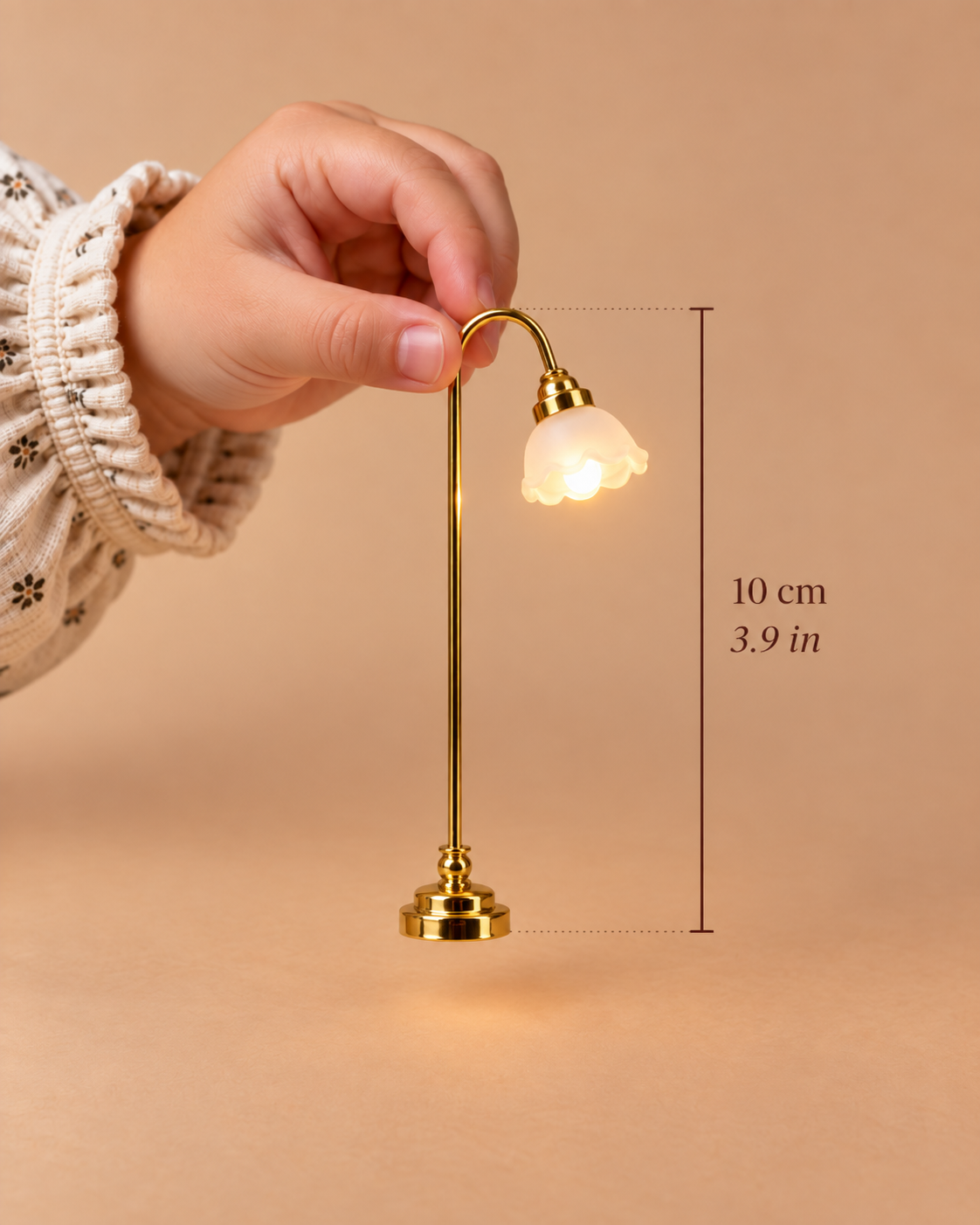 10 cm (3.9 in) miniature brass floor lamp with a glowing frosted tulip shade for 1:12 scale dollhouses.