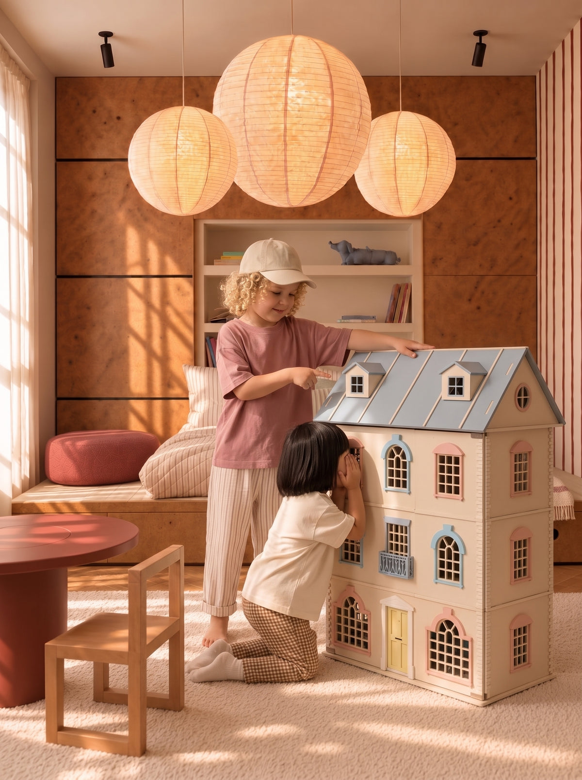 Two children playing with the House of London wooden dollhouse in a warm wood-panelled bedroom under paper lanterns.