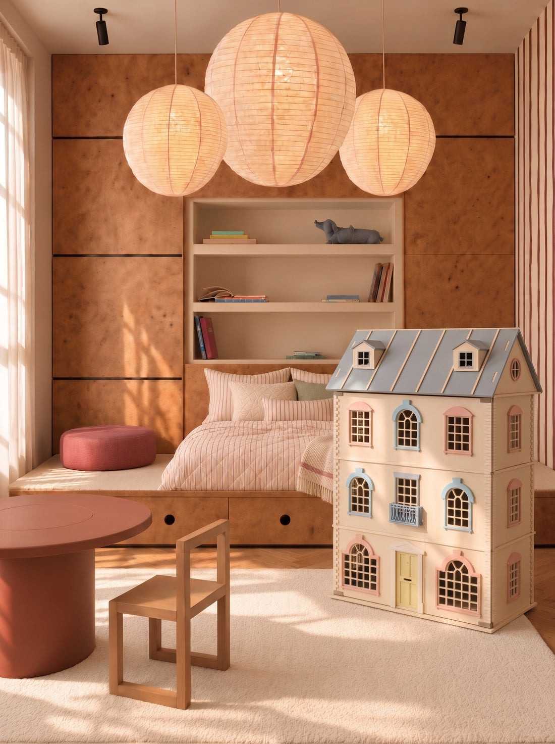 House of London wooden dollhouse with powder blue roof in a warm children's bedroom with paper lanterns.