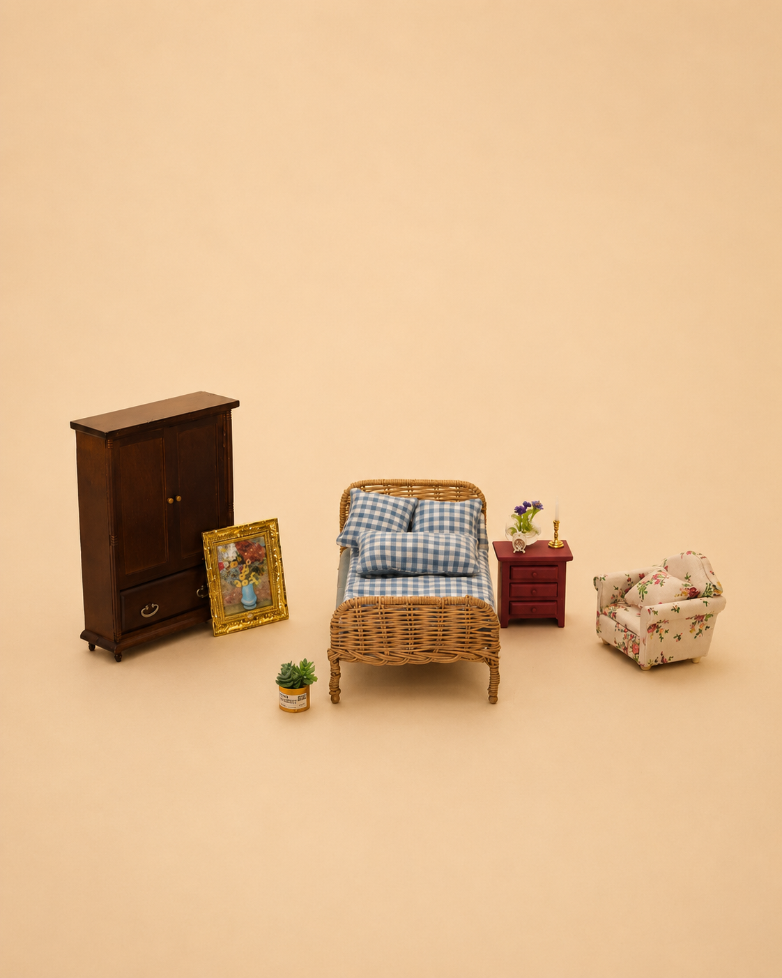 A miniature dollhouse-style bedroom furniture 