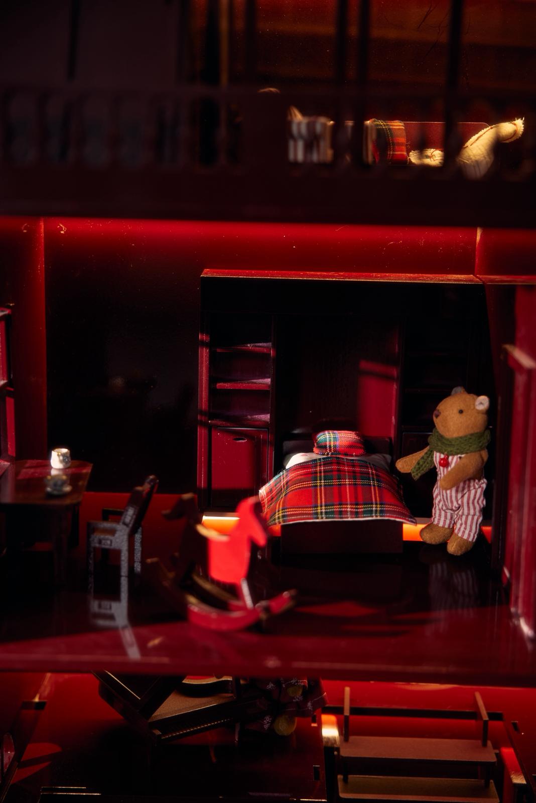 Luxury red wooden miniature house by Little Forest Animals, limited-edition quiet luxury décor piece, handcrafted with LED lights and furniture for Christmas gifting
