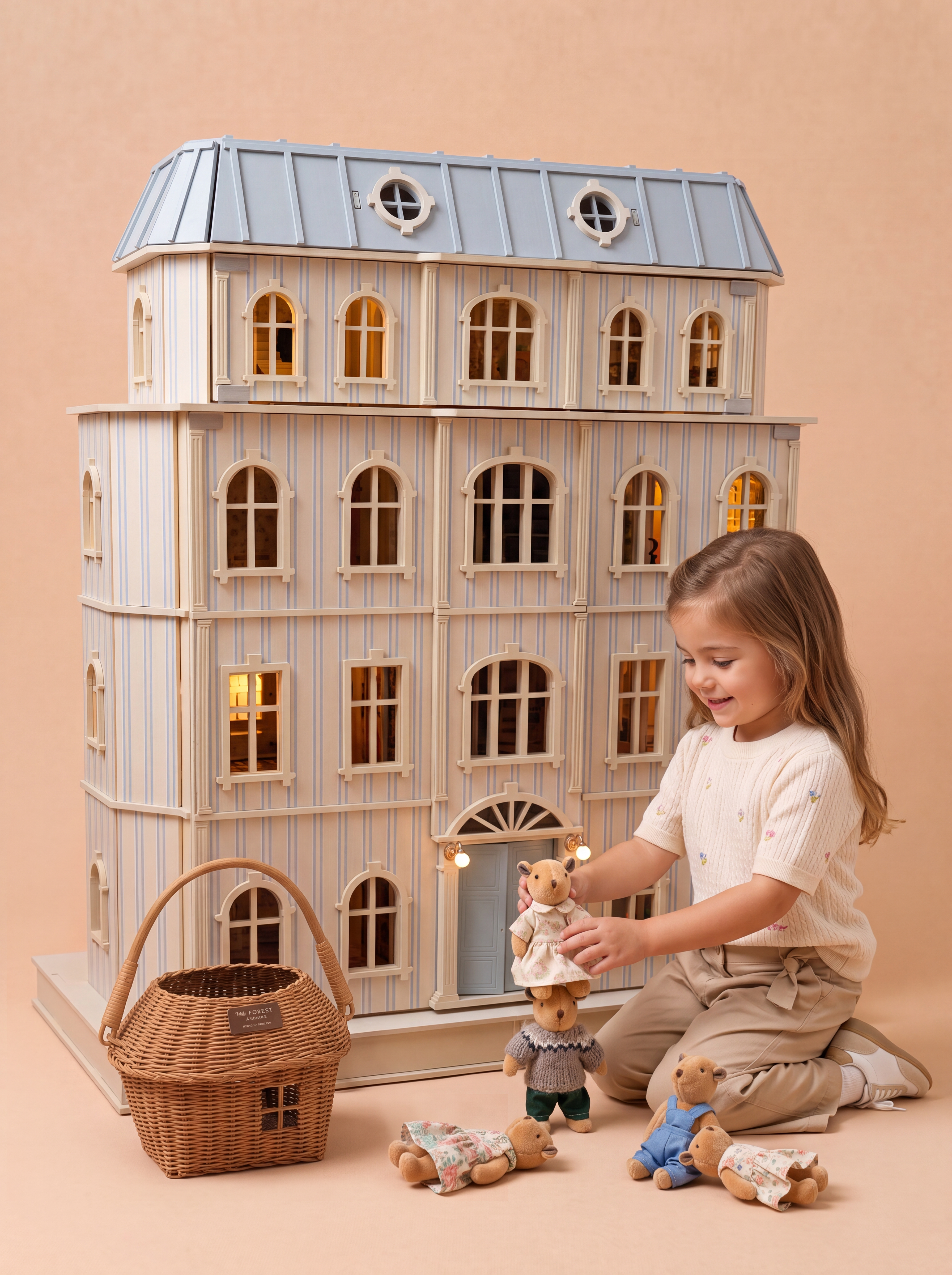 Child playing with dolls and a woven basket before the lit facade of the House of Monaco dollhouse.