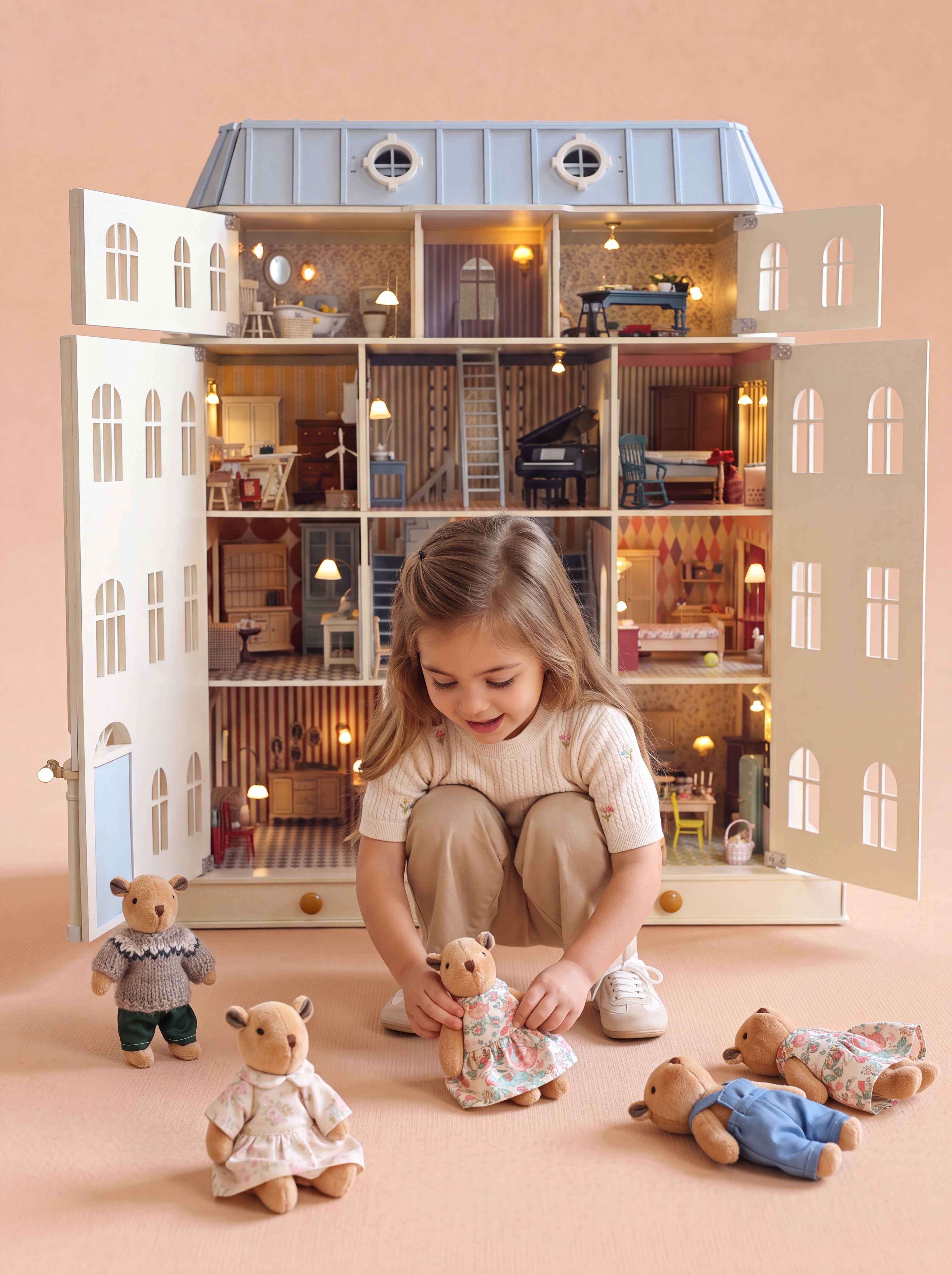 Child playing with the handcrafted doll family in front of the illuminated House of Monaco dollhouse.