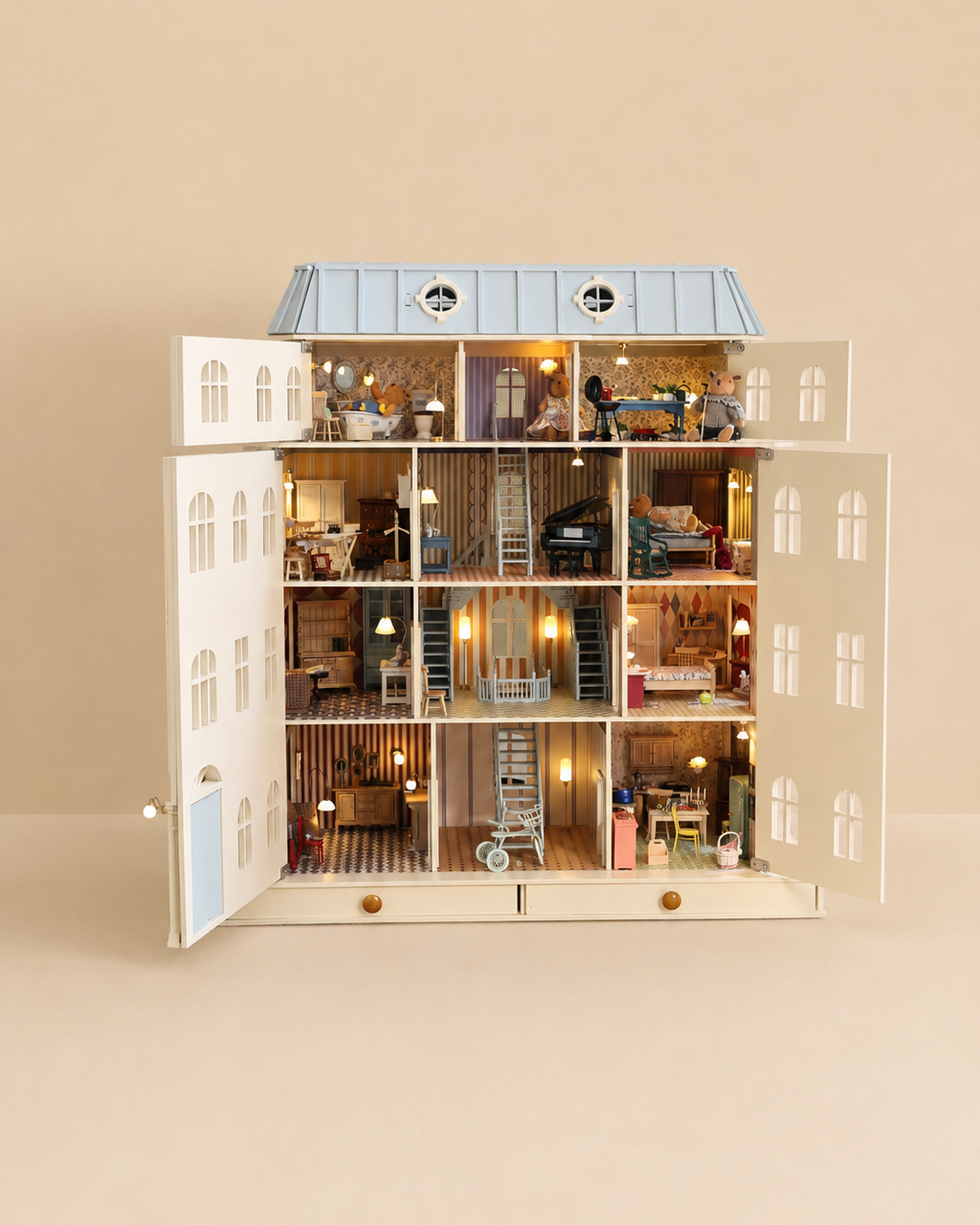 The open House of Monaco dollhouse revealing six floors of furnished, warmly lit rooms.