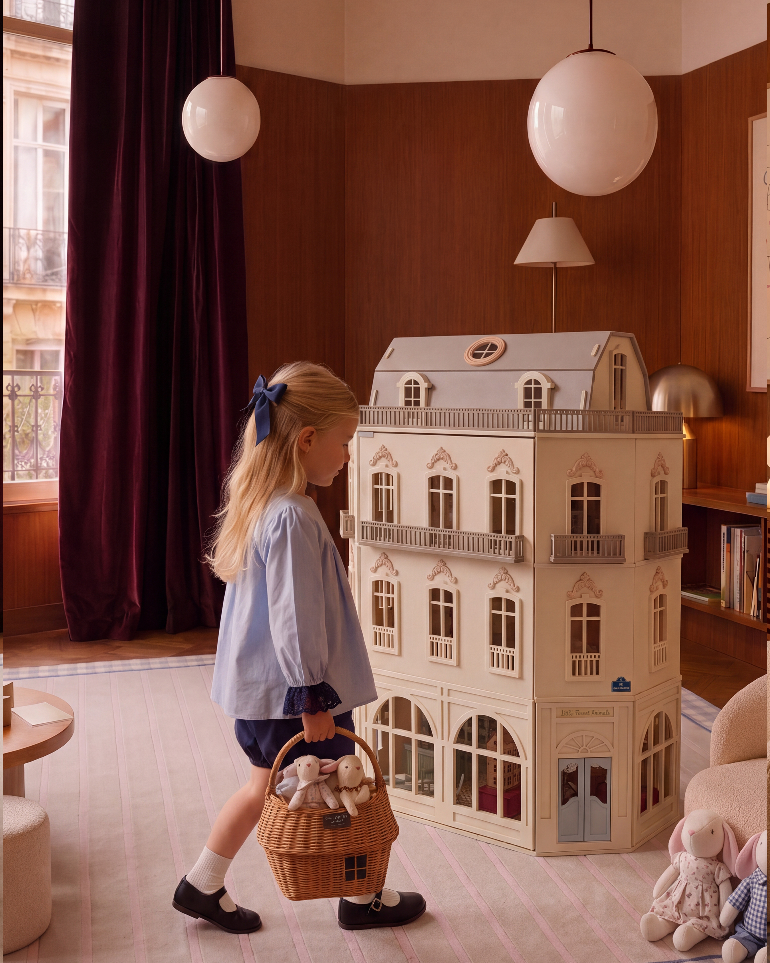 Luxury wooden dollhouse with detailed architecture, miniature interiors and warm lighting for imaginative play.