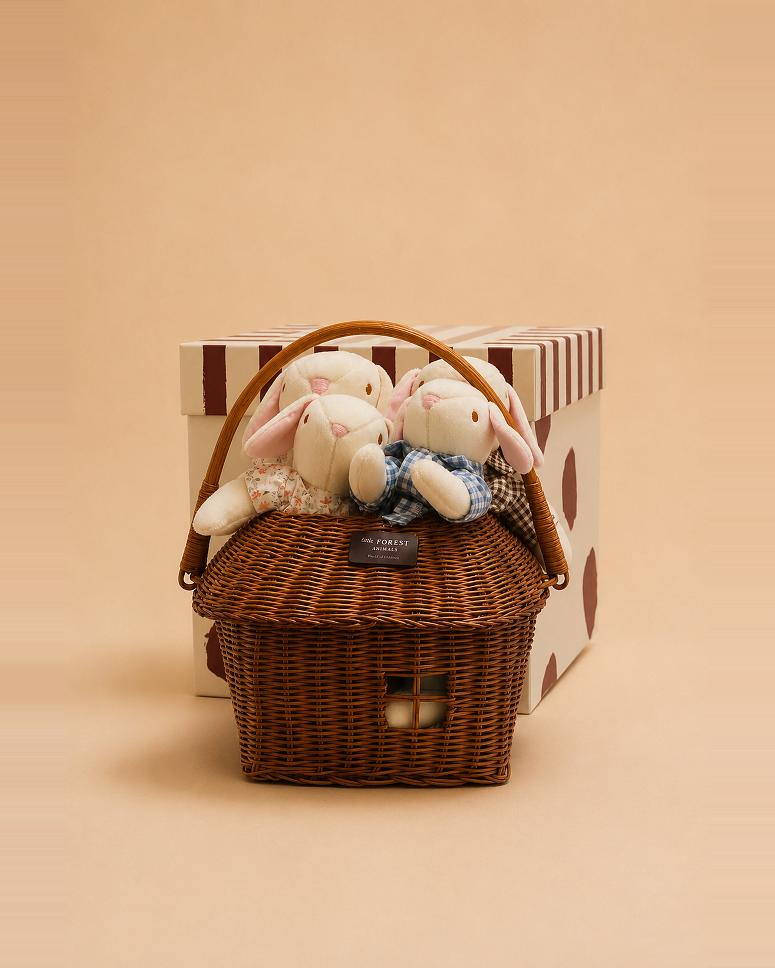 The Bellevue Family Grand dolls with their woven house-shaped basket and gift box.