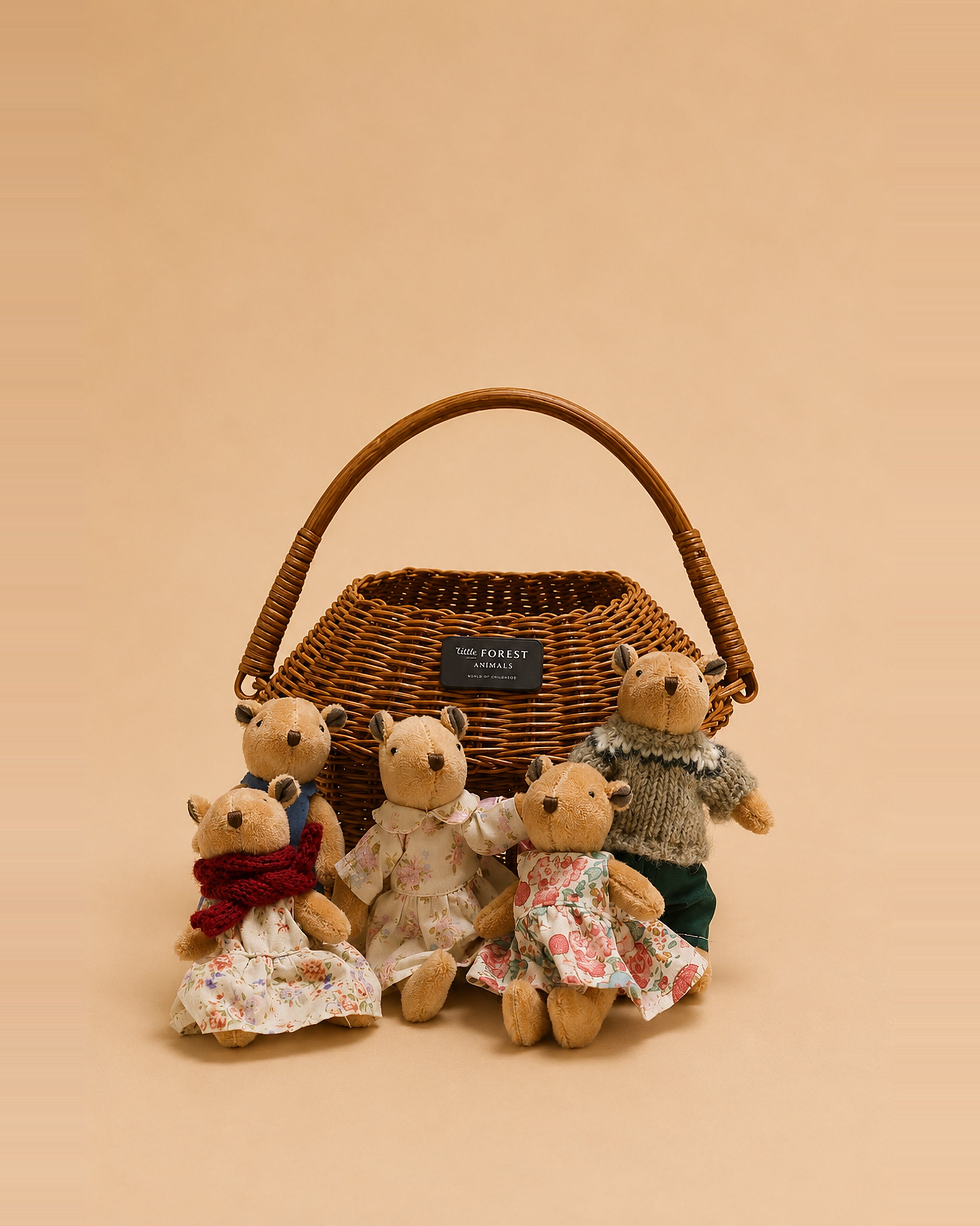 The Thompson Family bear dolls gathered in their house-shaped woven basket.
