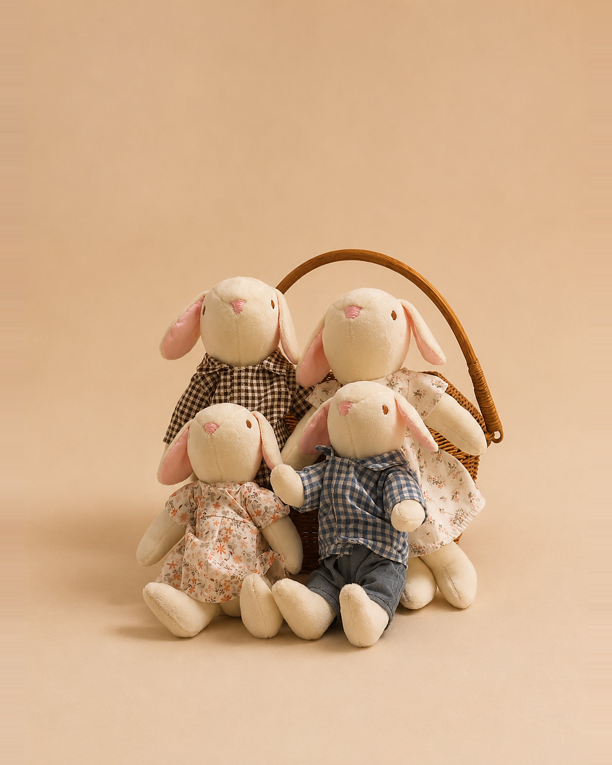 The Bellevue Family Grand bunny dolls in organic cotton, shown together as a complete family set.