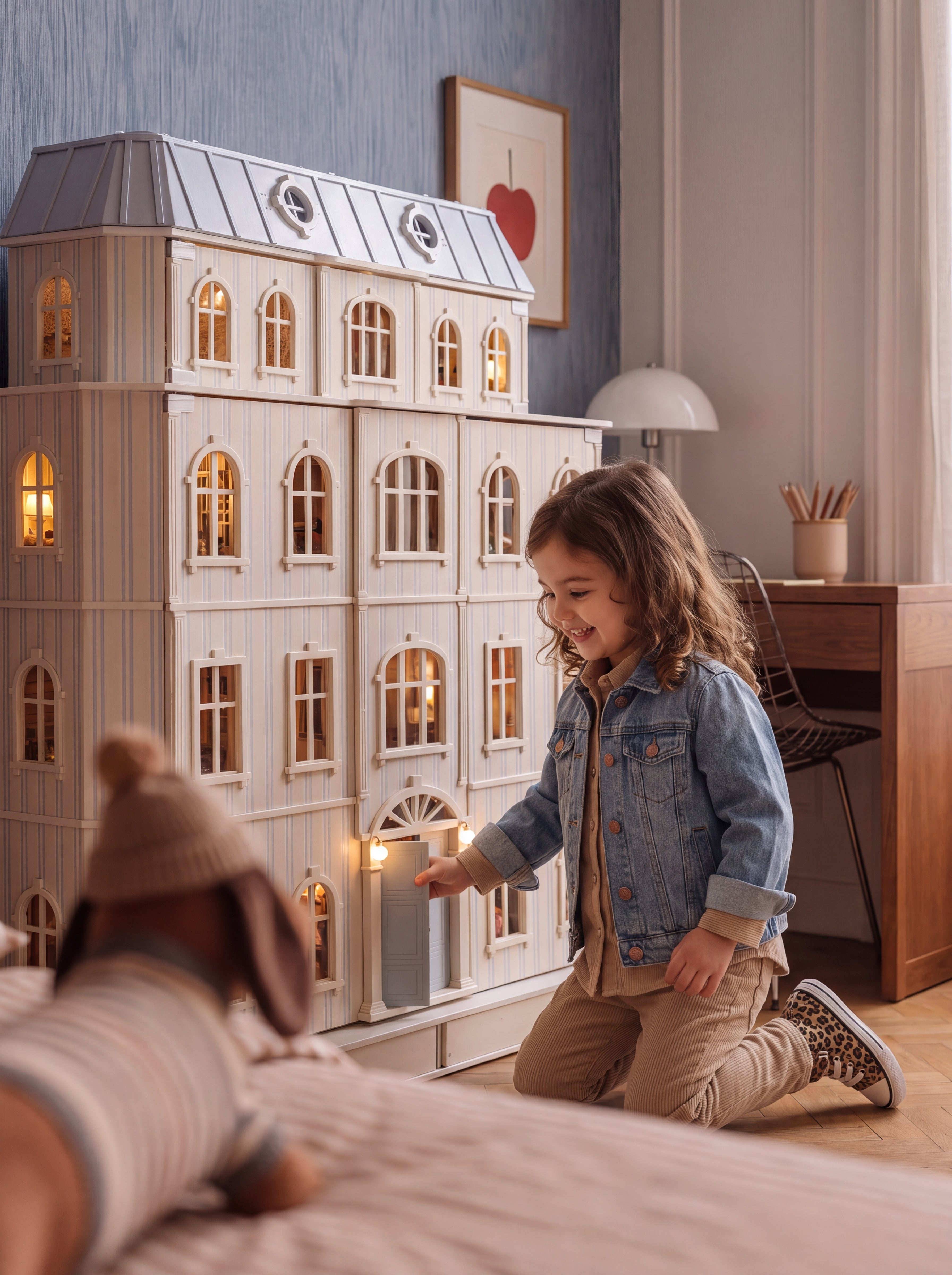 kids with long brown hair kneels on a wooden floor in a child's bedroom, smiling and touching a large, detailed dollhouse-style playhouse. The playhouse is off-white with gray trim and warm yellow lights glowing from the windows.