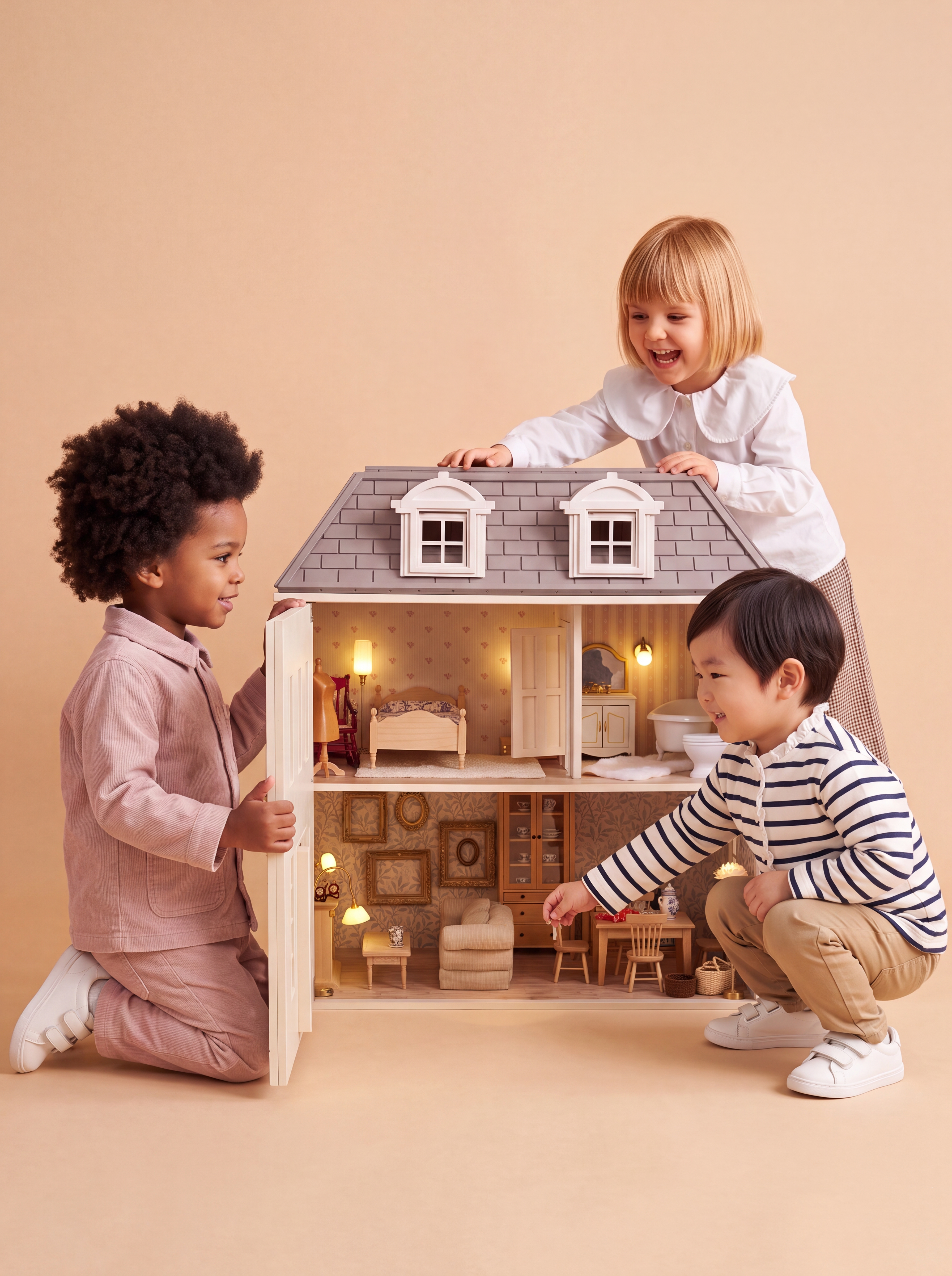 An open view of the House of Hamptons handcrafted wooden dollhouse showcasing elegant miniature interiors, cozy lighting, and detailed handcrafted furniture.