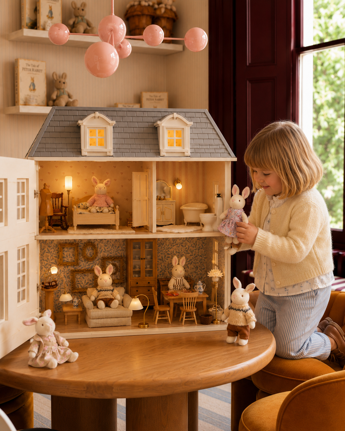 Child playing with the House of Hamptons dollhouse and miniature rabbit figures.