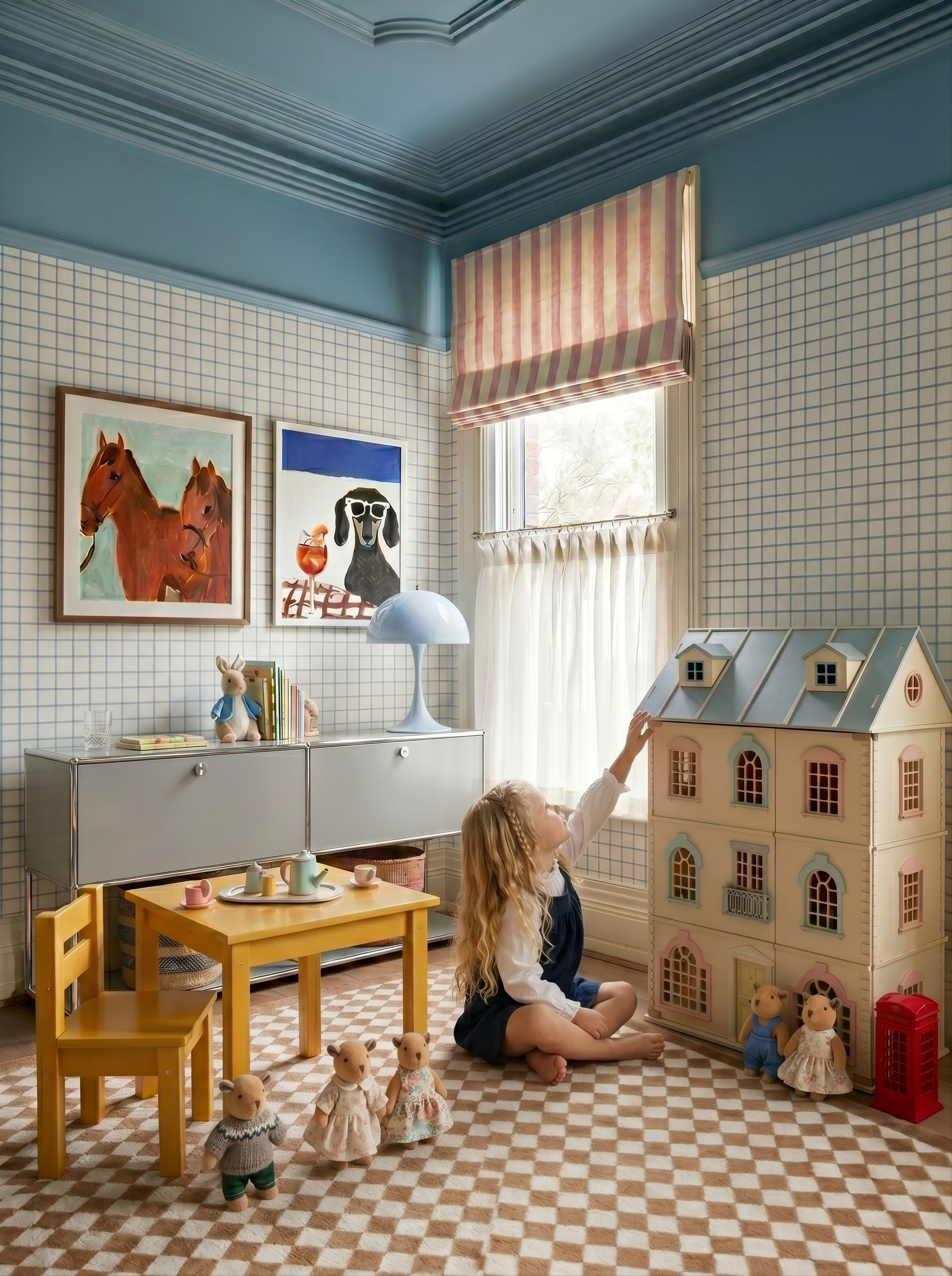 Child playing with the House of London wooden dollhouse in a playroom with Little Forest Animals doll figures and a classic red London telephone box.
