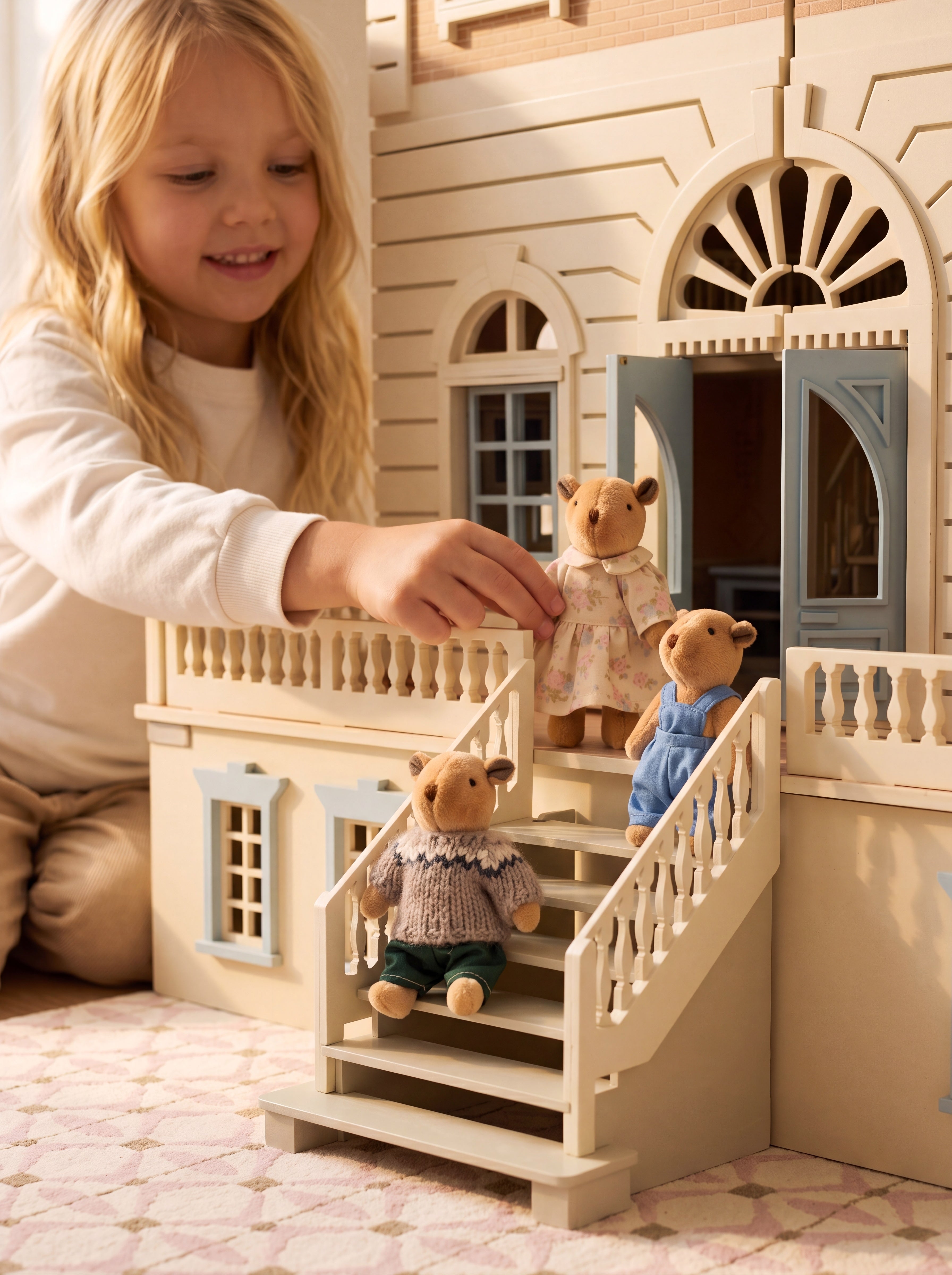 Little Forest Animals doll figures gathered on the front steps of the House of New York wooden dollhouse with the front door open during playtime.