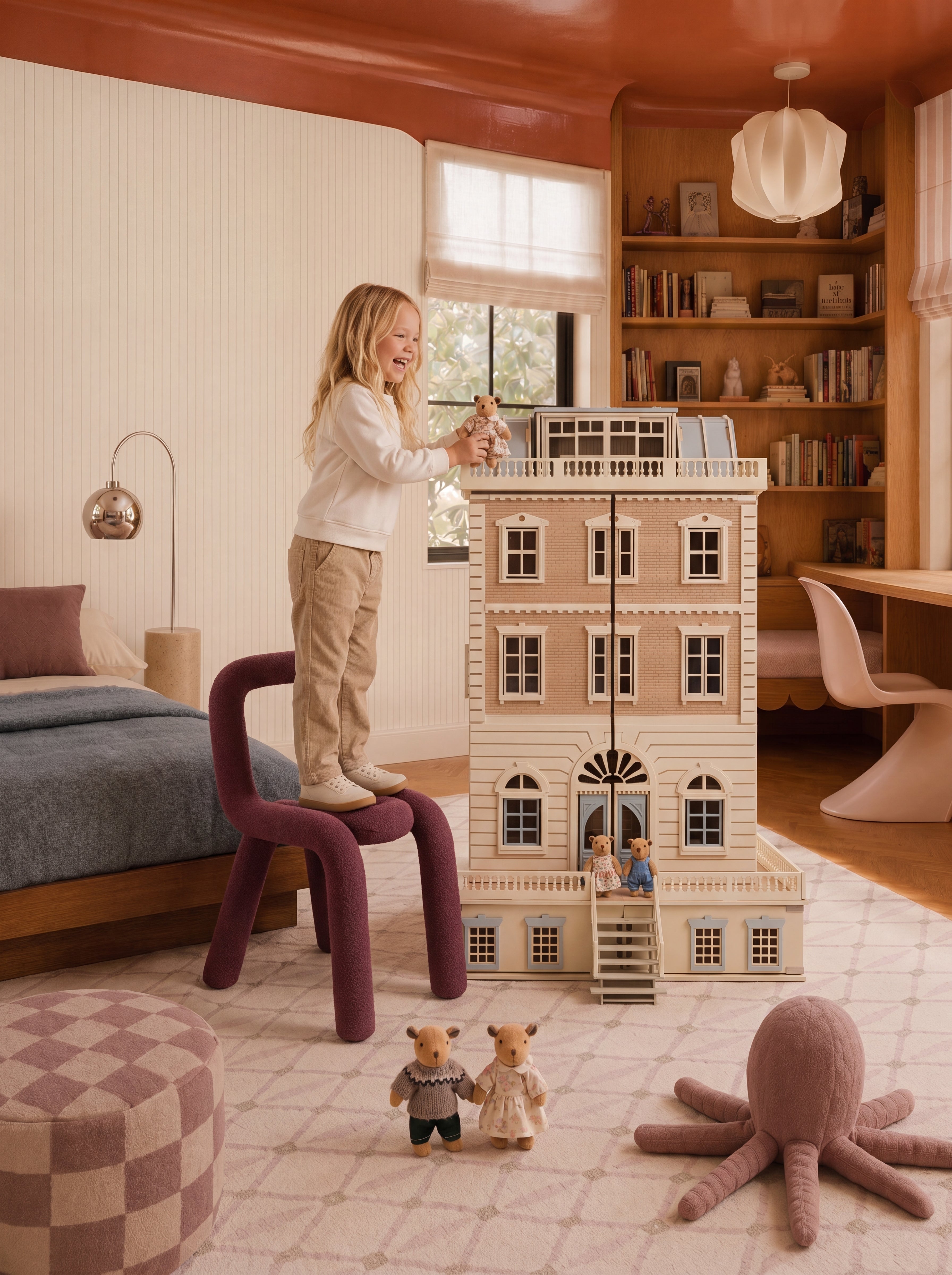 House of New York wooden dollhouse with Little Forest Animals doll figures as a child places a figure on the rooftop terrace during playtime.
