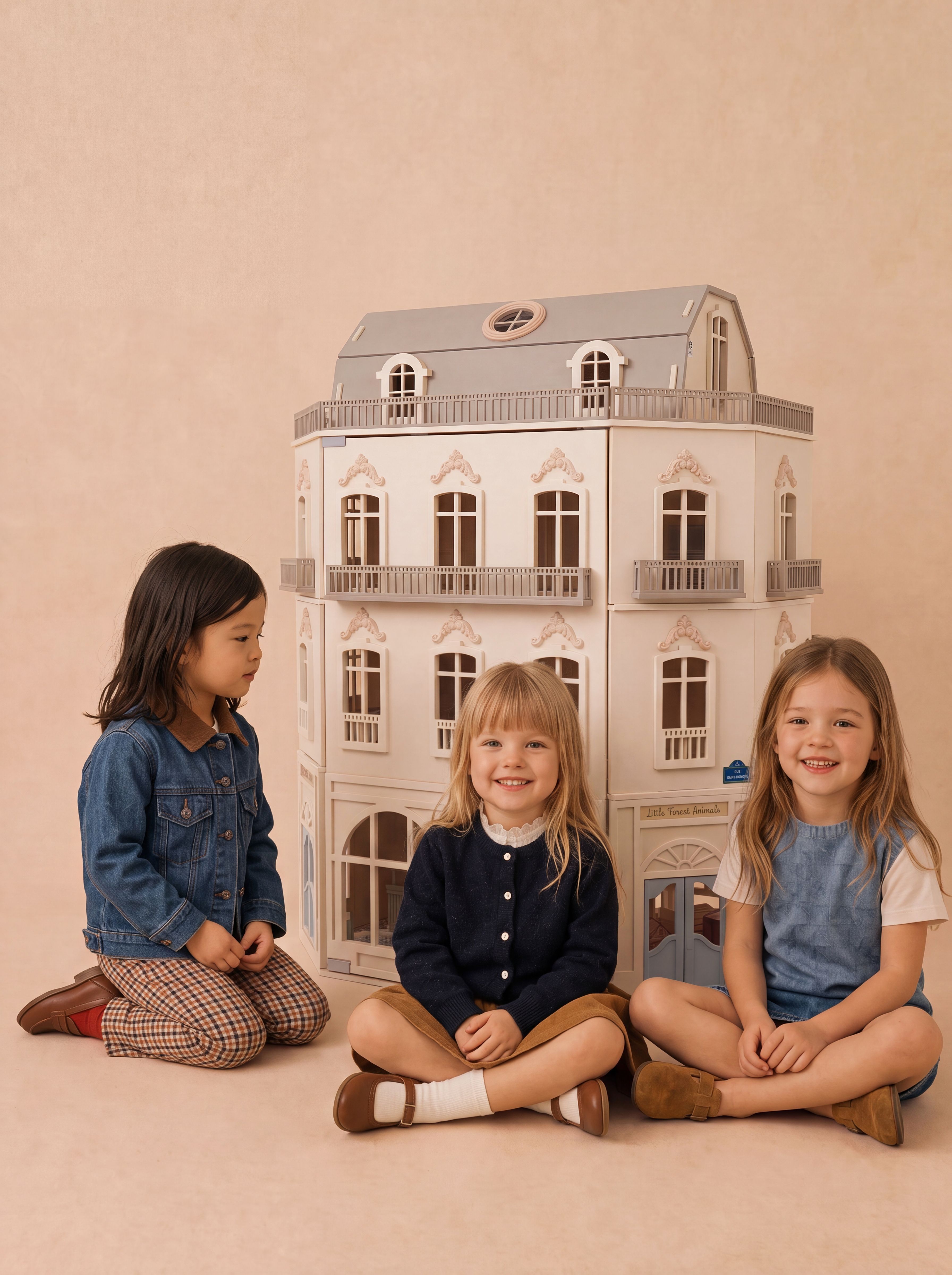 Angled view of the House of Paris wooden dollhouse with three kids gathered beside the detailed Parisian facade.