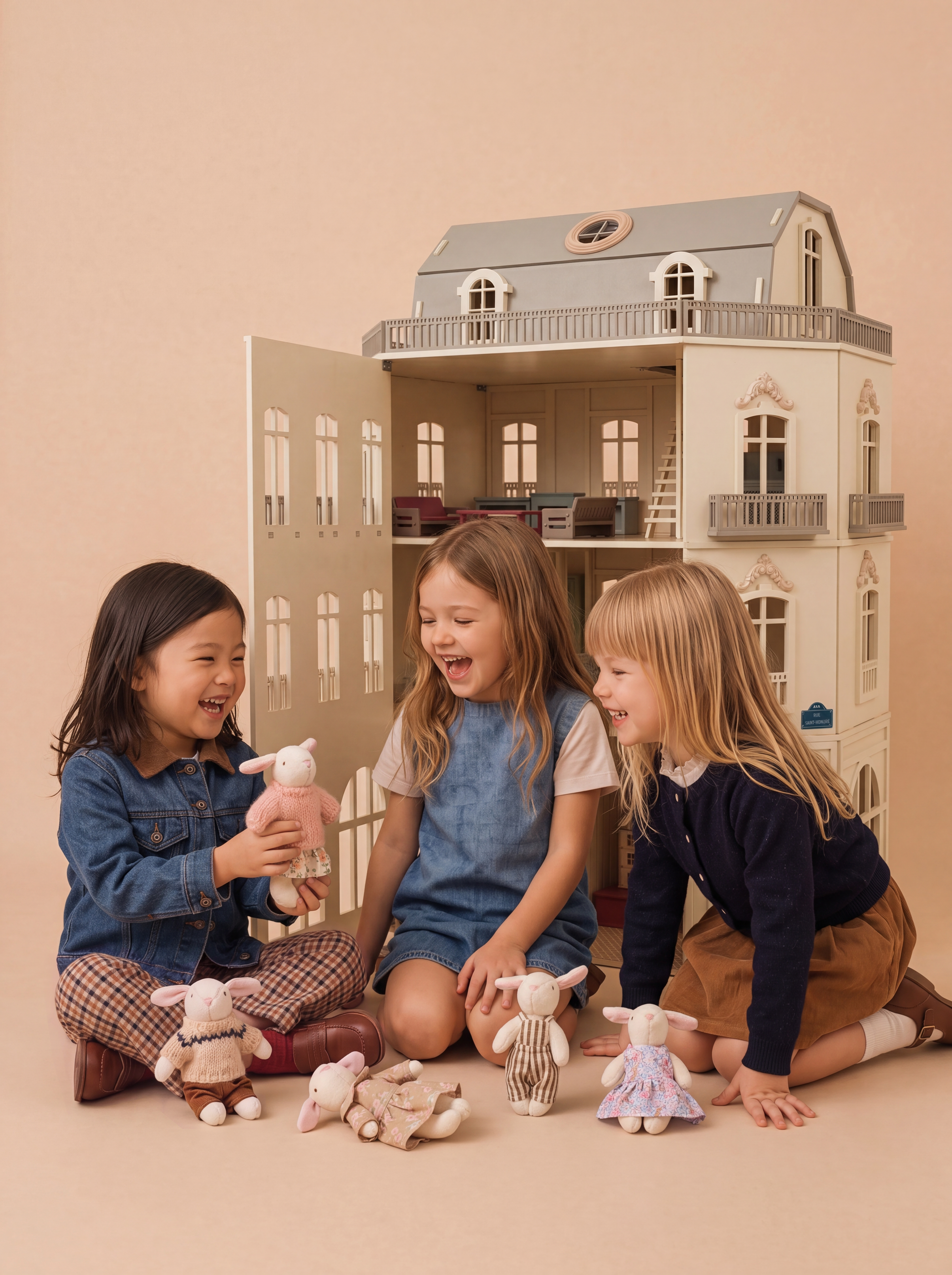 Children gather around the open House of Paris dollhouse, playing with bunny dolls and miniature furniture.