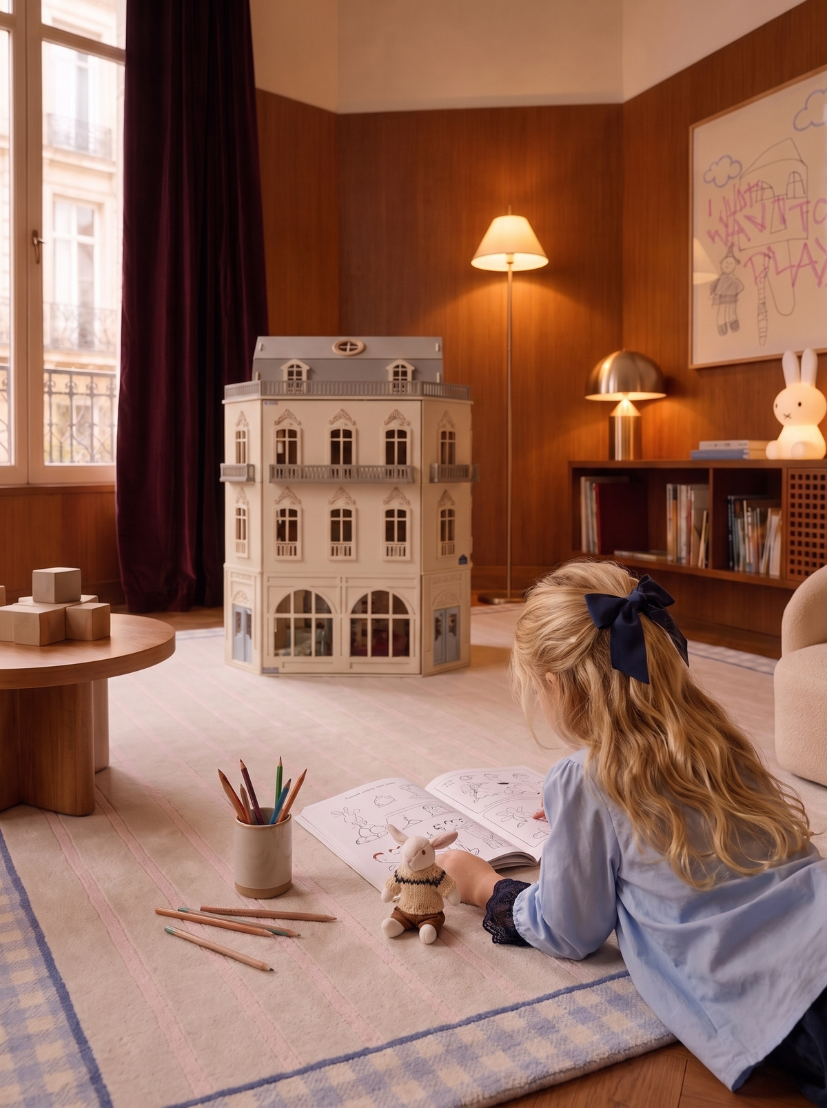 Girl reading on The Gingham rug in a Parisian children's room with the House of Paris dollhouse.