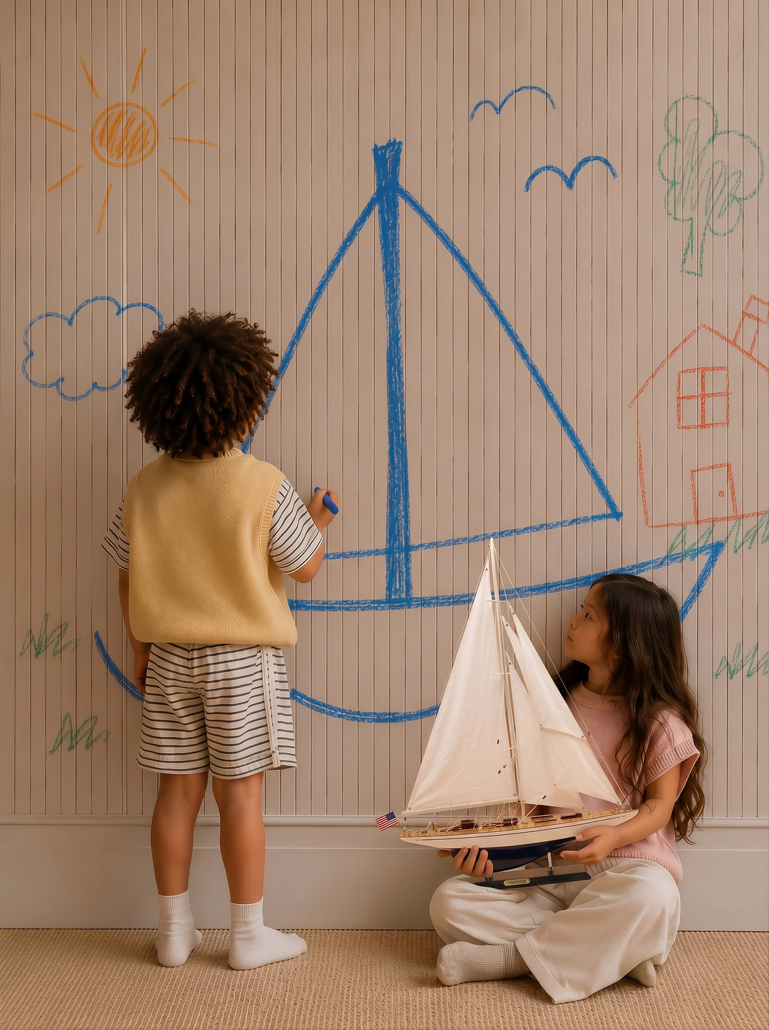 A model yacht is held while a sailboat is drawn on the wall during play.