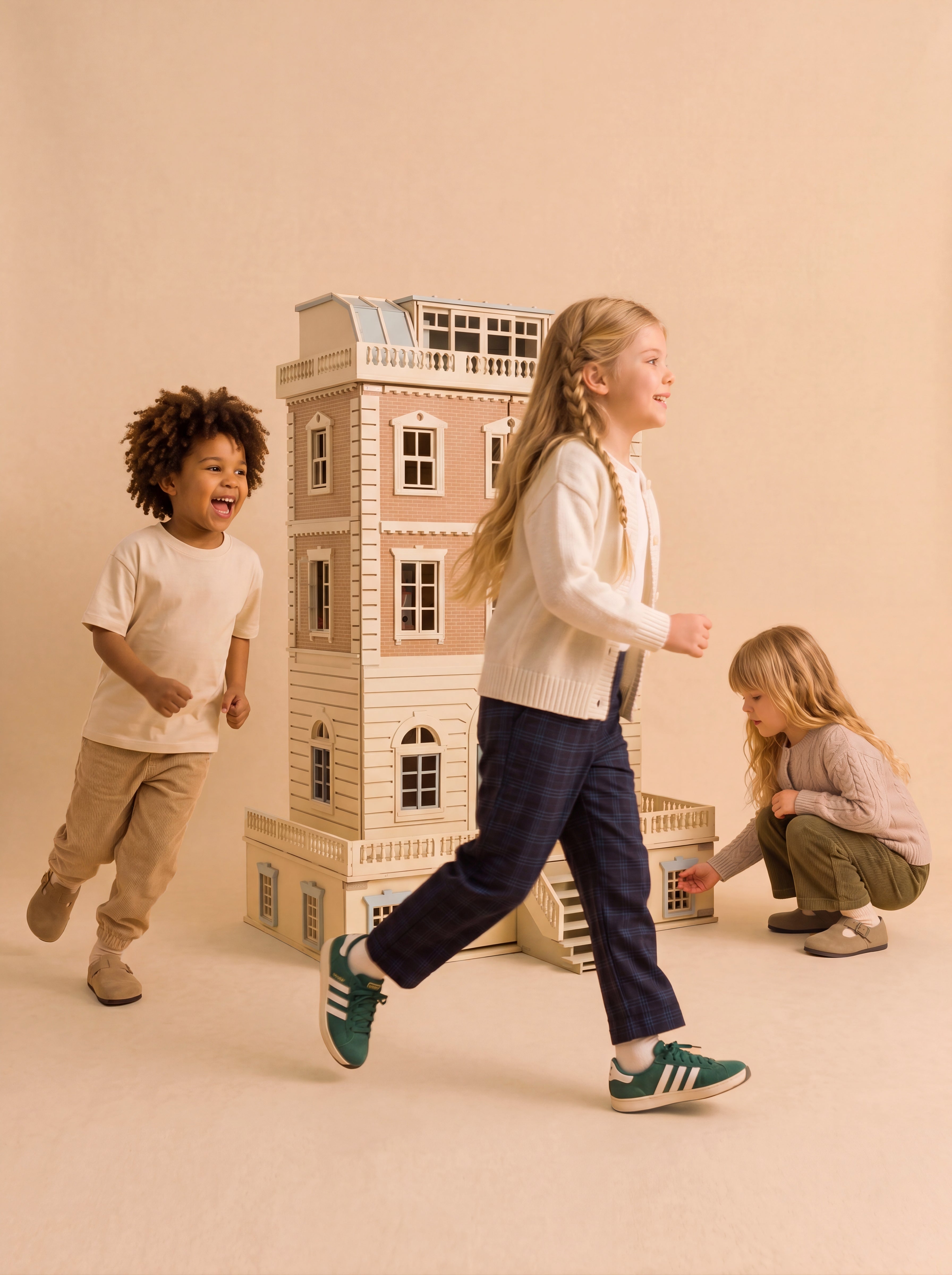 Studio photograph of the House of New York handmade wooden dollhouse for kids, showing its six-storey brownstone-style facade.