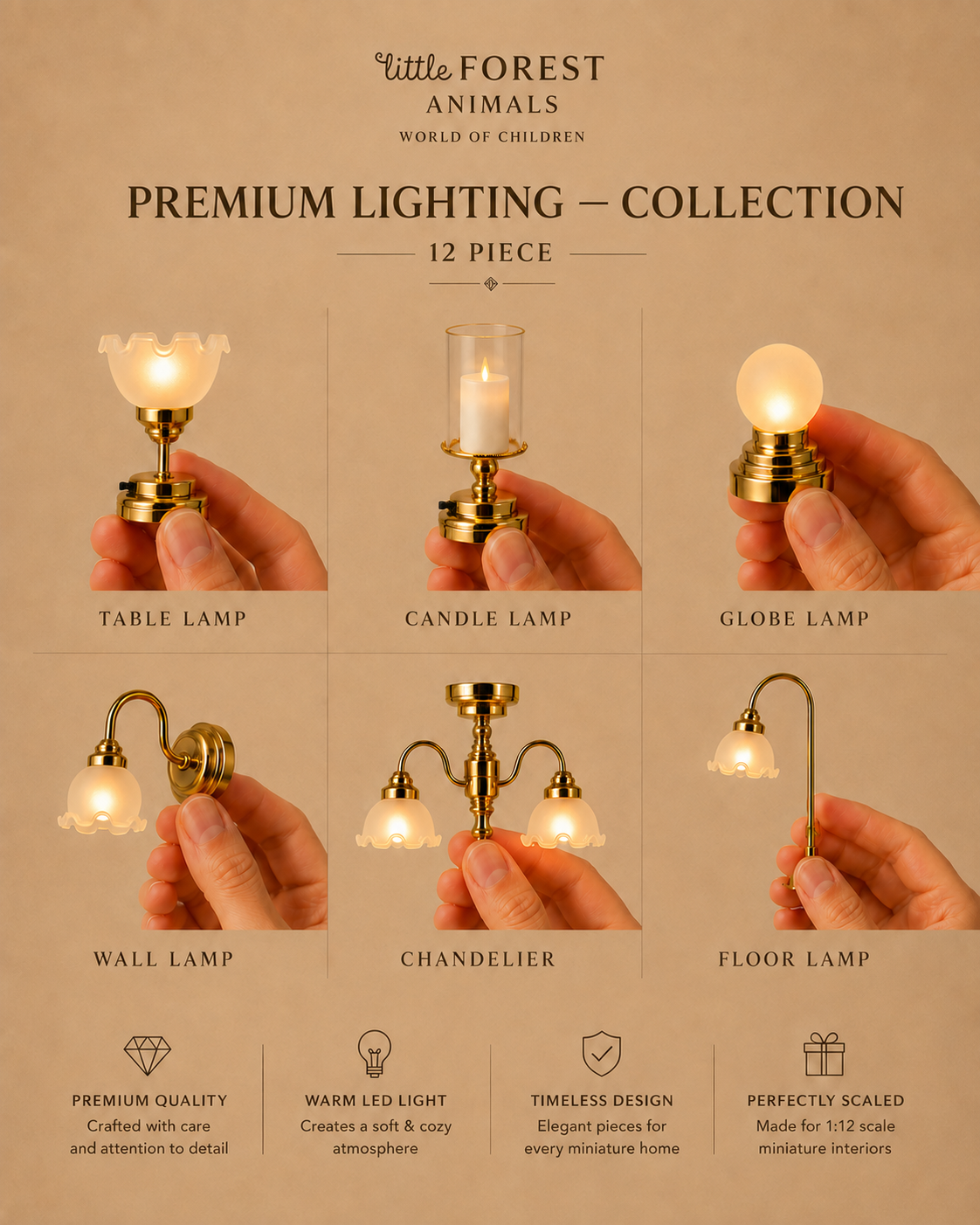 Collage of six miniature brass lamps from the Premium Lighting Collection.