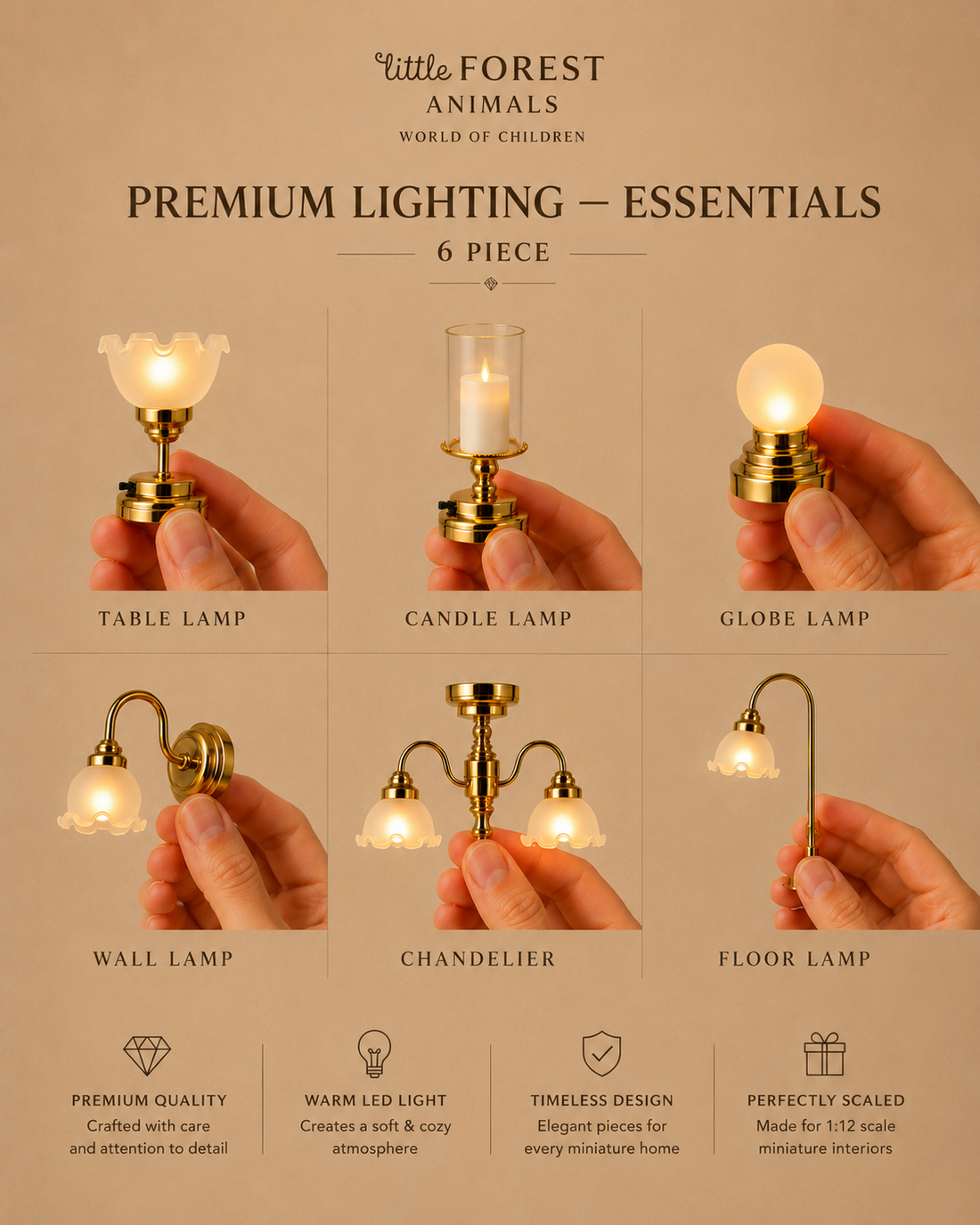 Collage of six miniature brass lamps from the Premium Lighting Collection.