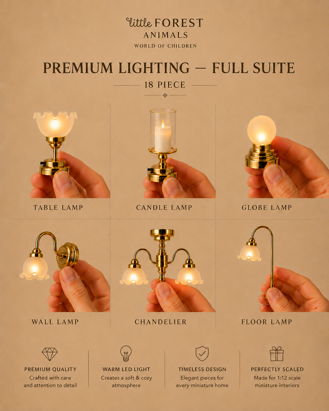 Collage of miniature brass lamps from the Premium Lighting Full Suite collection.