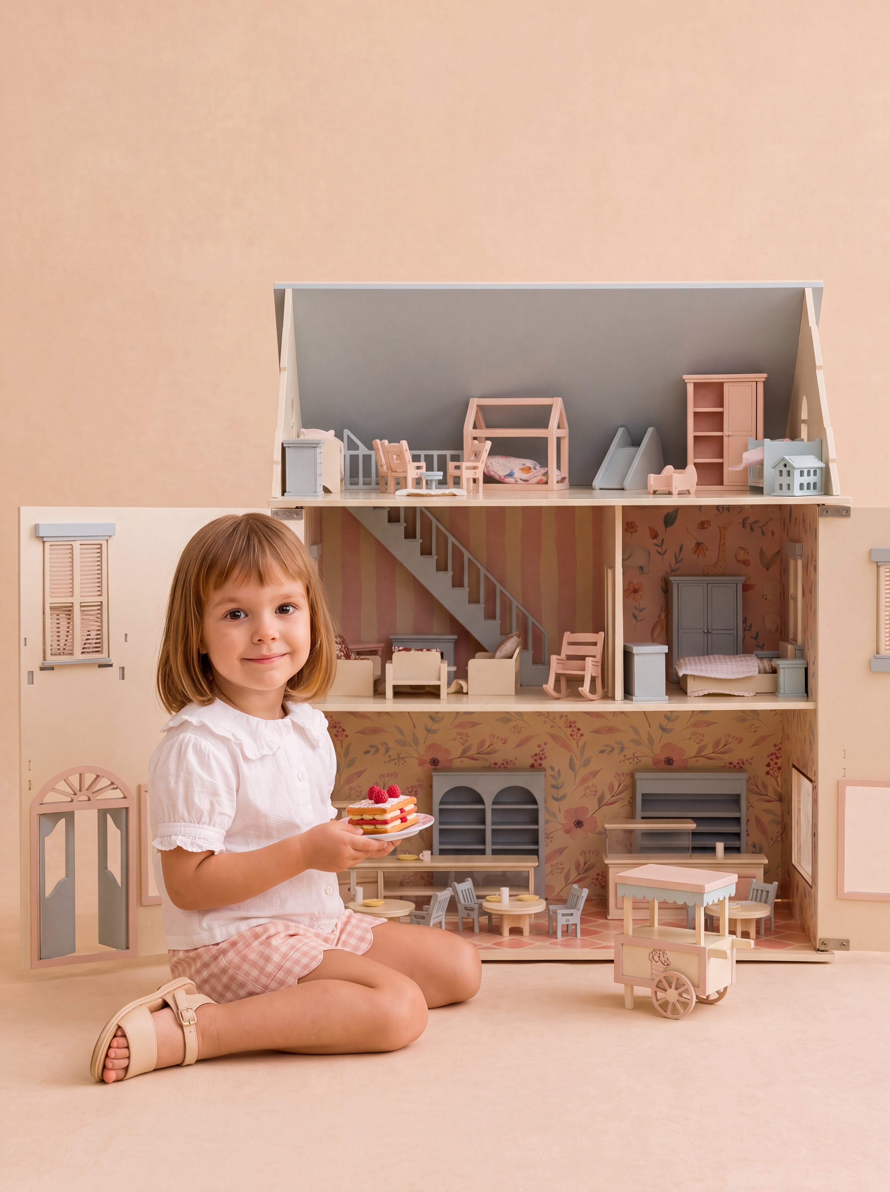 A child playing beside the open House of Rome dollhouse with detailed café, bakery, and living spaces.