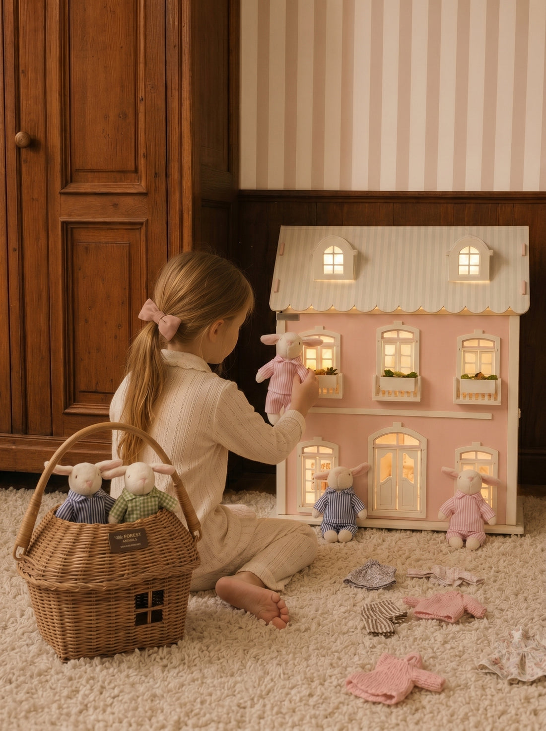 The Bellevue Family plush dolls playing with a Little Forest Animals dollhouse.