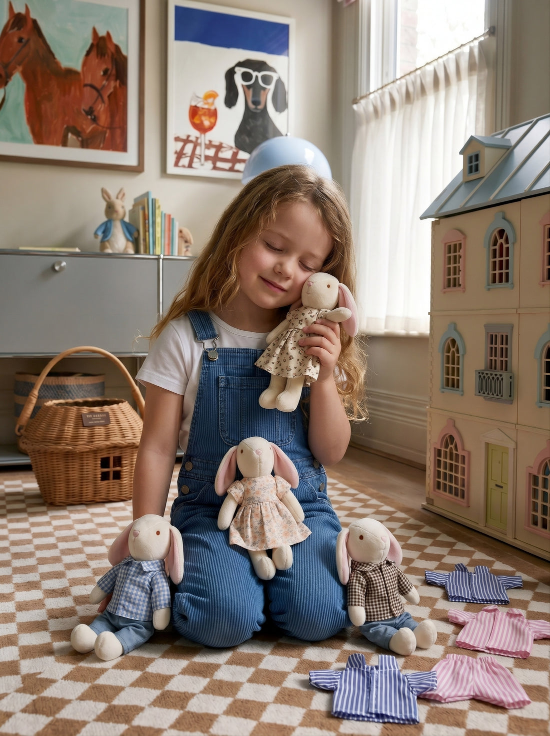 The Bellevue Family plush dolls with extra outfits ready for changing clothes.