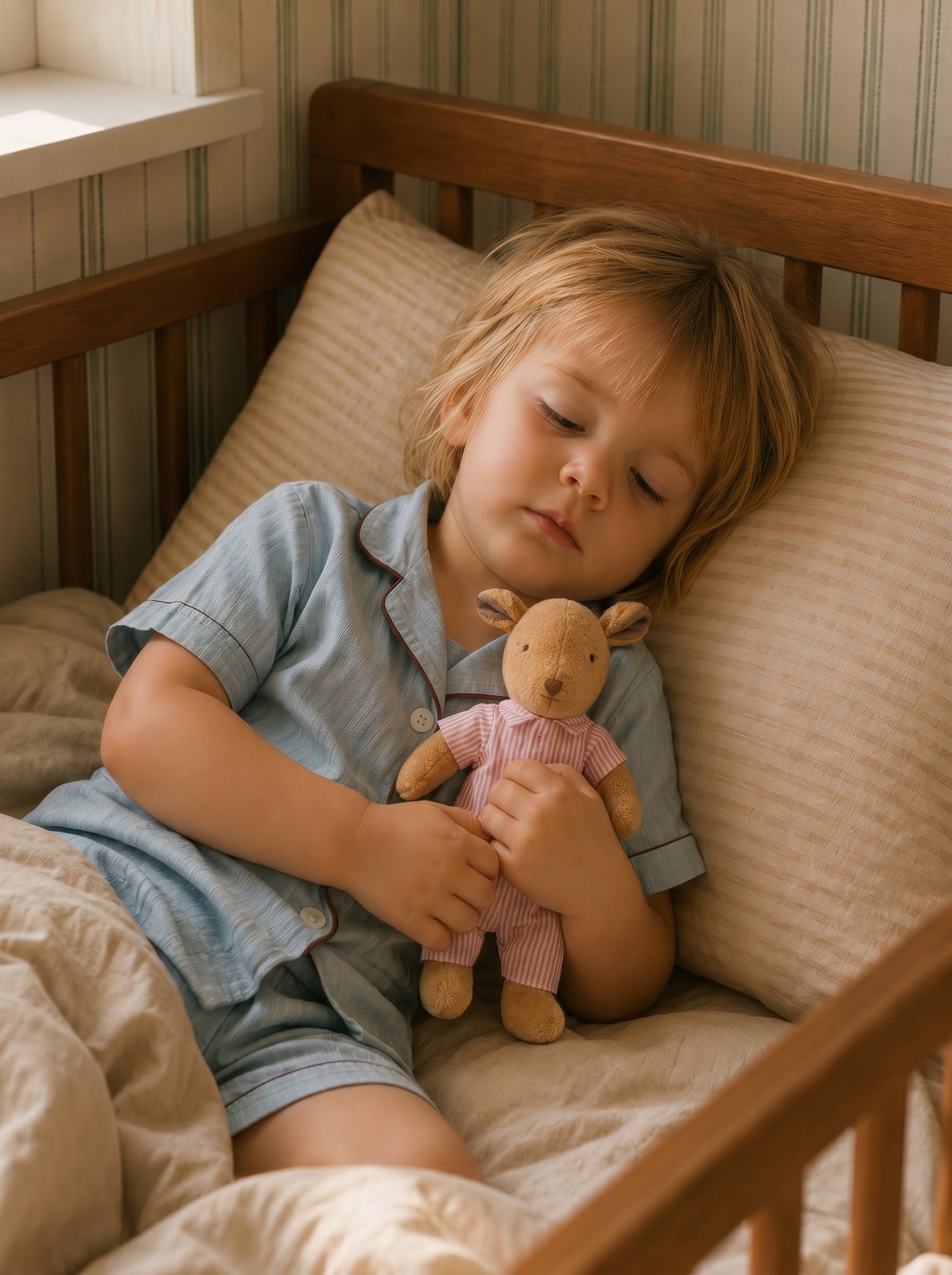A Thompson Family plush toy being held at bedtime.