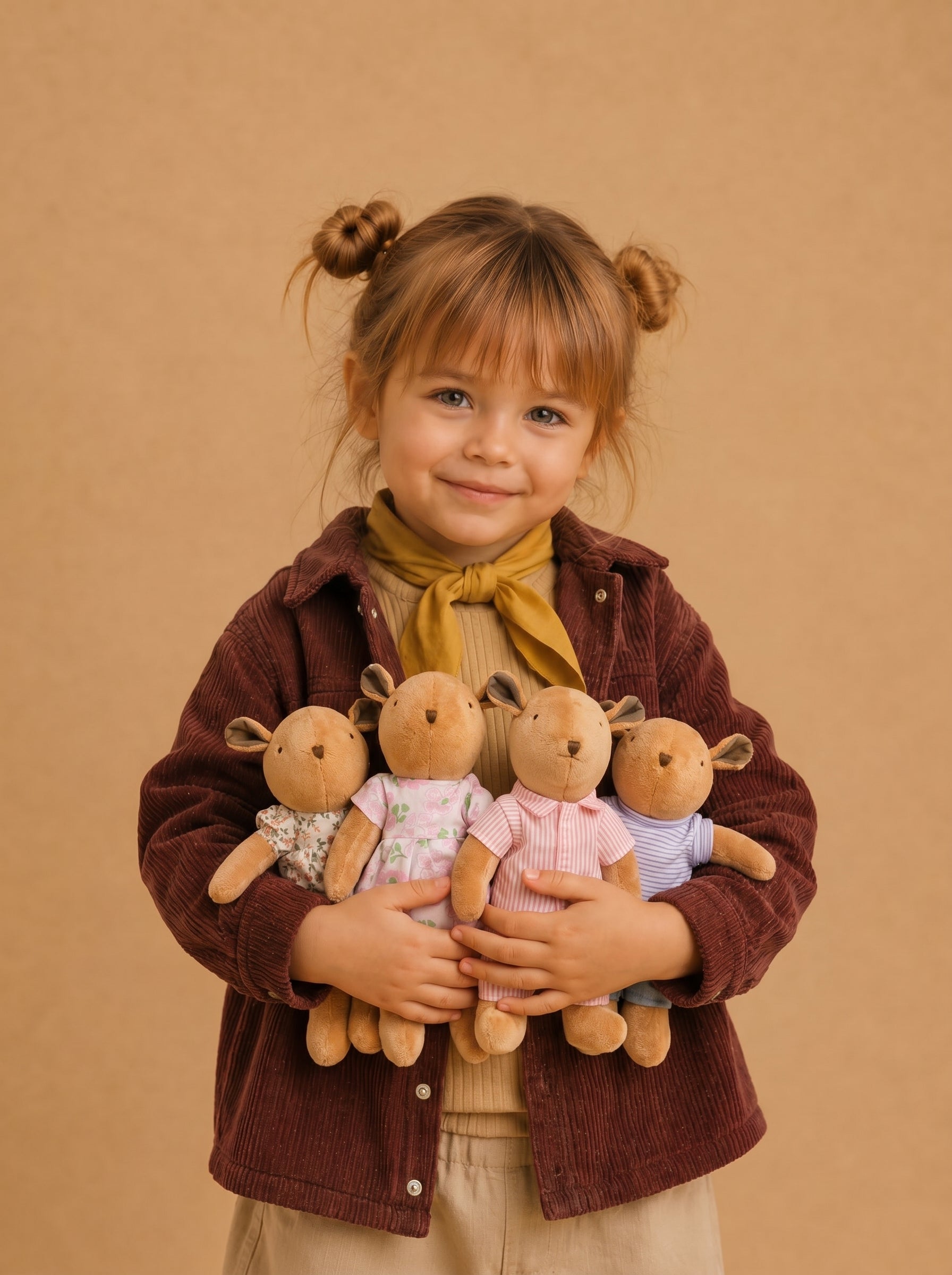 The complete Thompson Family plush collection held together, featuring four dressed plush family members in a single portrait.